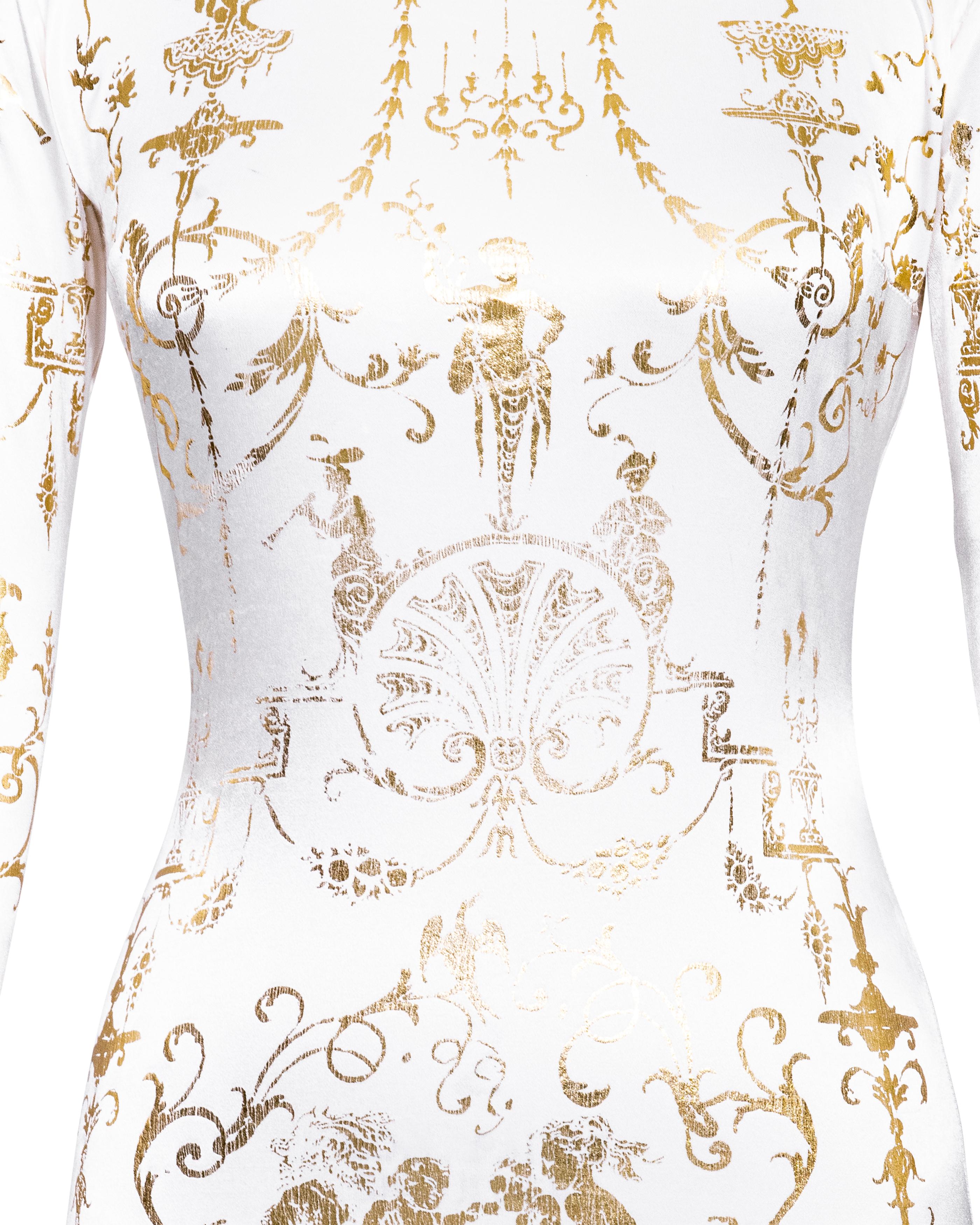 A/W 1991 Vivienne Westwood White and Gold Boulle Print Gown For Sale 2