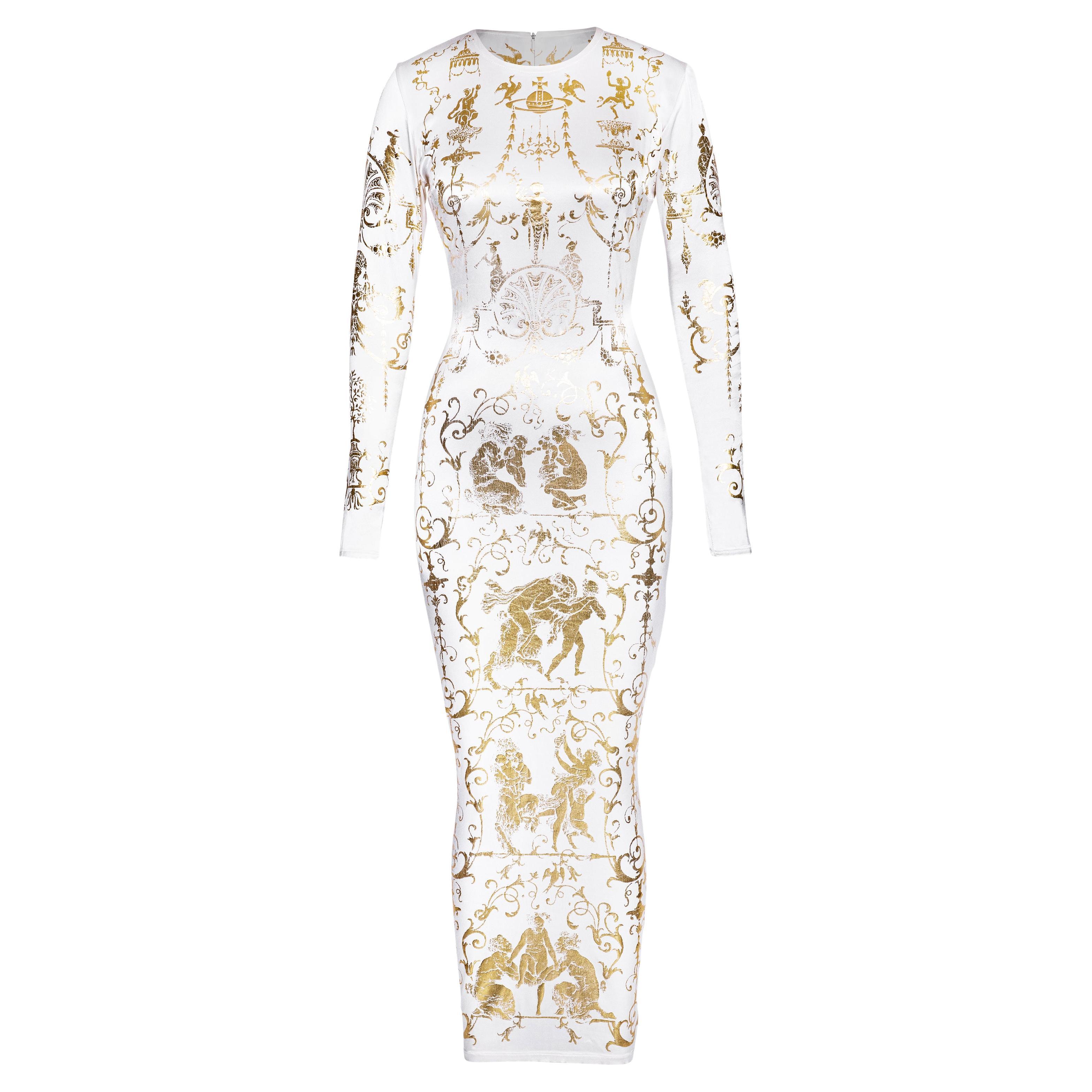A/W 1991 Vivienne Westwood White and Gold Boulle Print Gown For Sale
