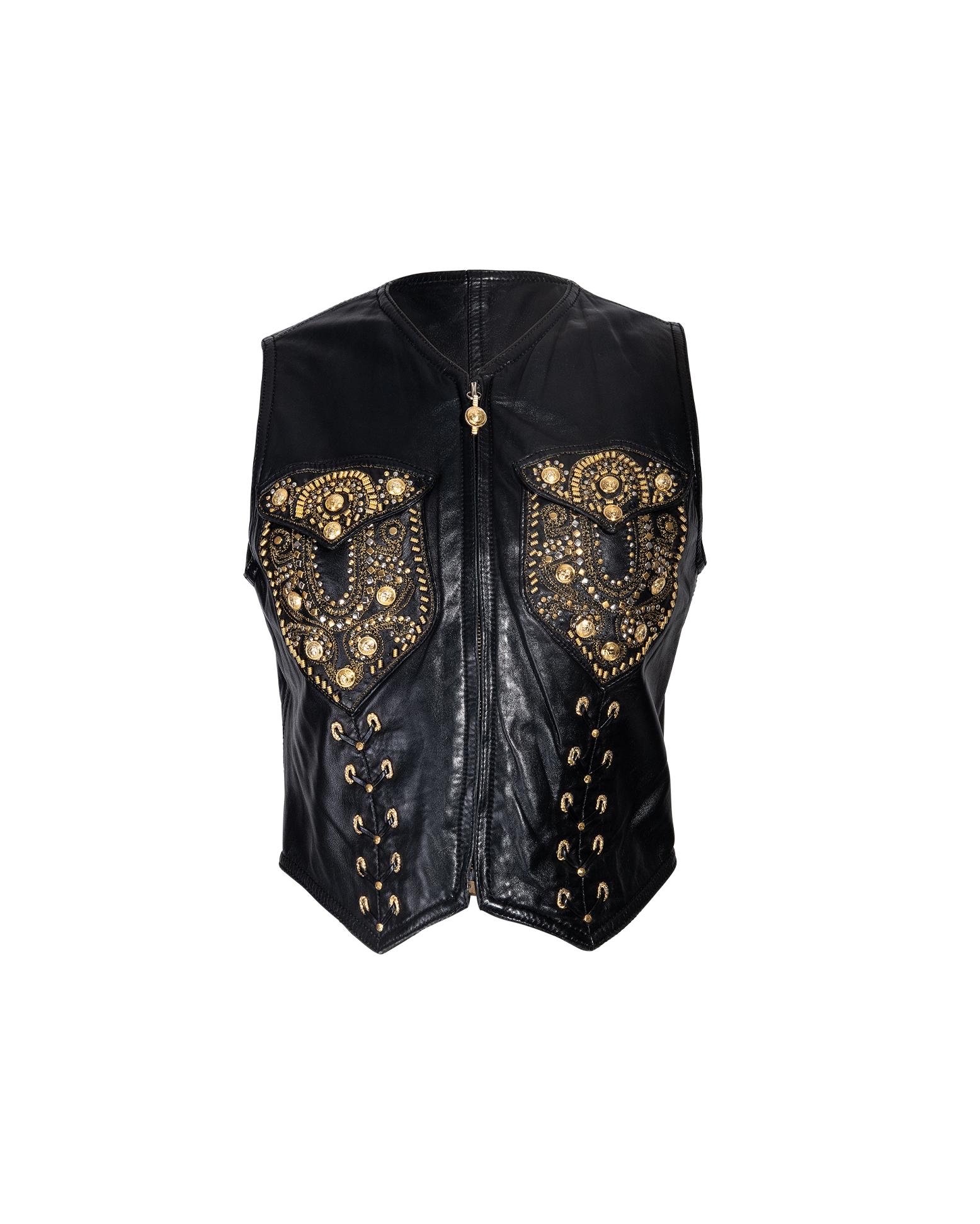 A/W 1992 Gianni Versace Leather Vest, Pant and Belt Set with Gold Stud Details 8