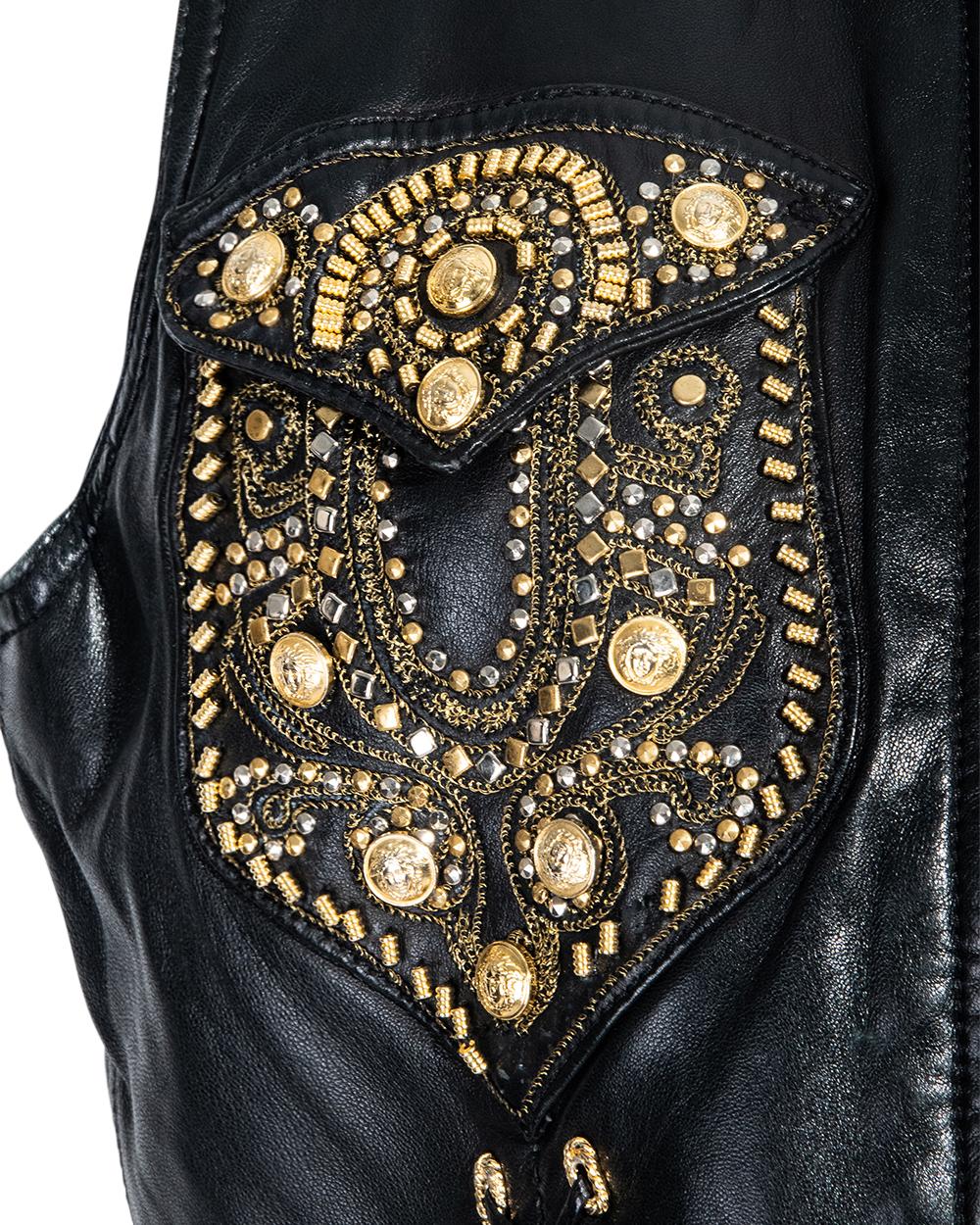 A/W 1992 Gianni Versace Leather Vest, Pant and Belt Set with Gold Stud Details 11
