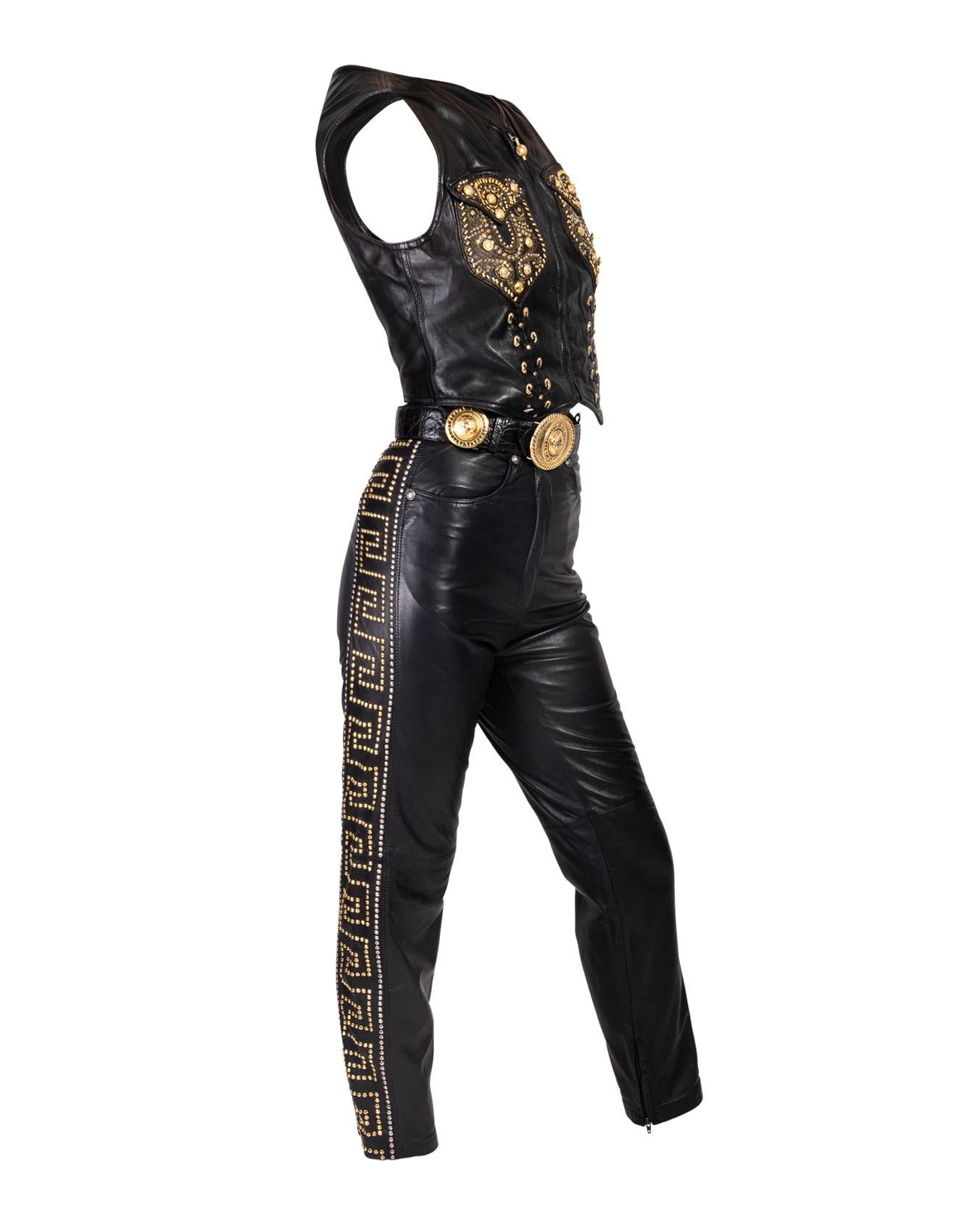 Women's A/W 1992 Gianni Versace Leather Vest, Pant and Belt Set with Gold Stud Details