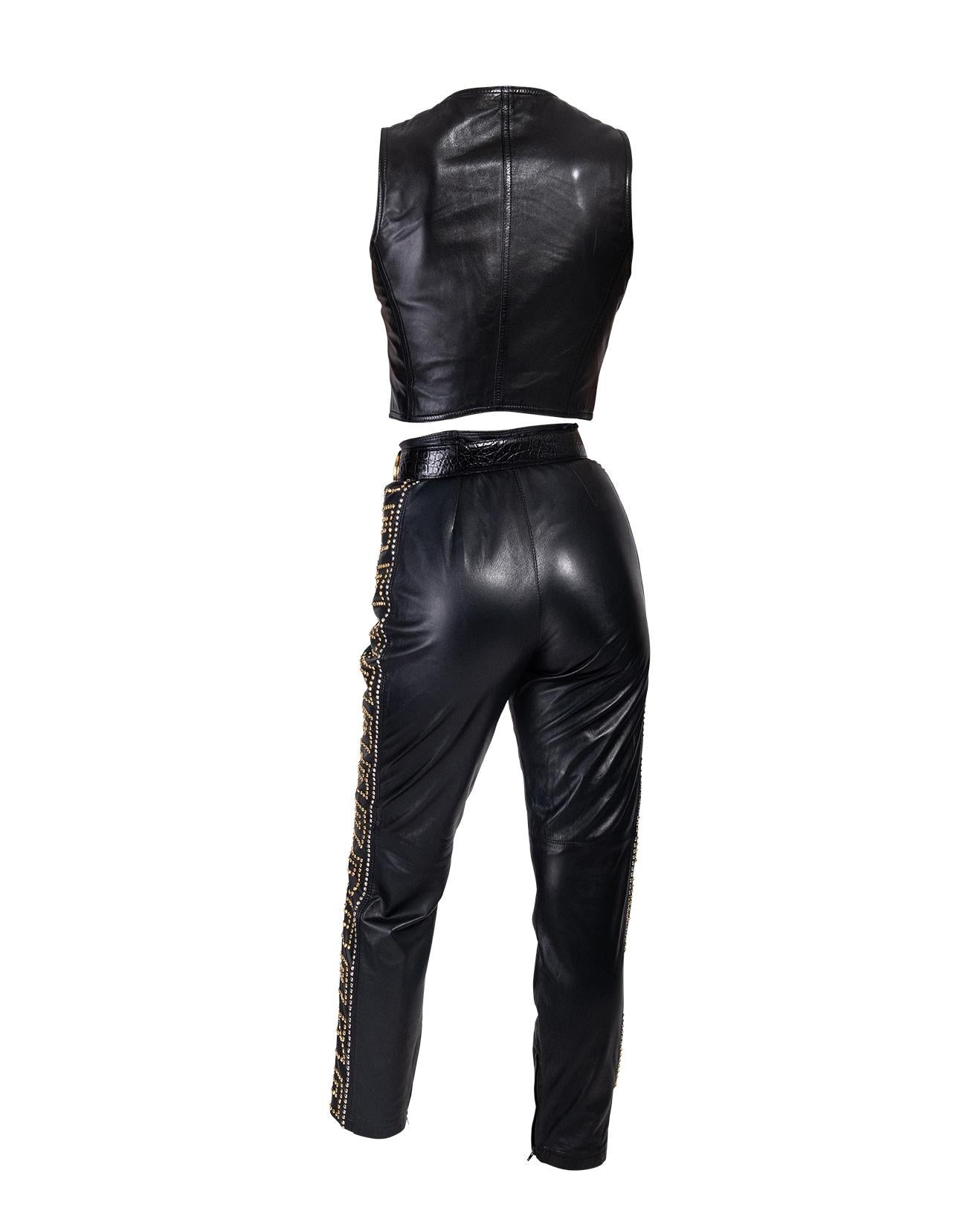 A/W 1992 Gianni Versace Leather Vest, Pant and Belt Set with Gold Stud Details 1