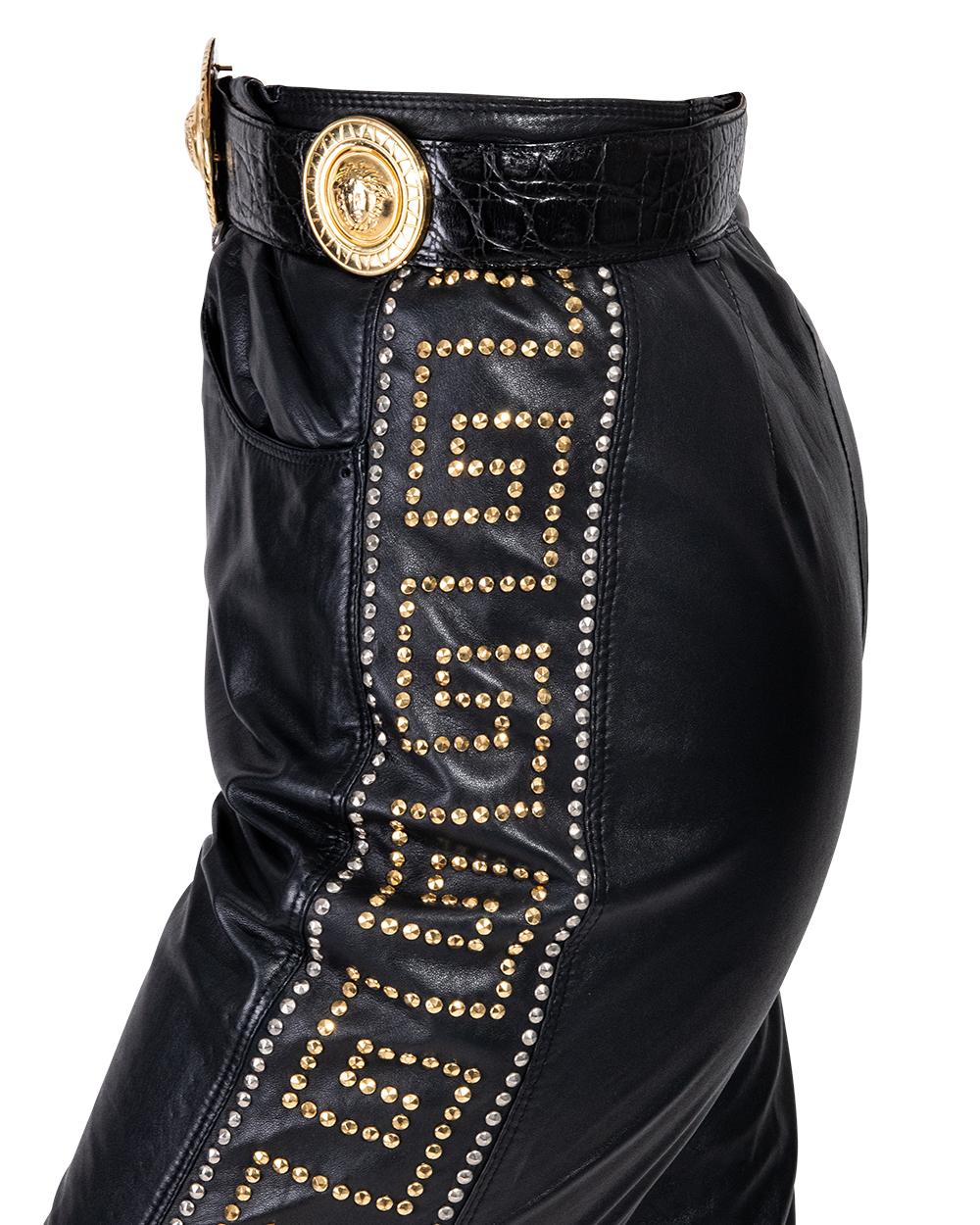 A/W 1992 Gianni Versace Leather Vest, Pant and Belt Set with Gold Stud Details 3