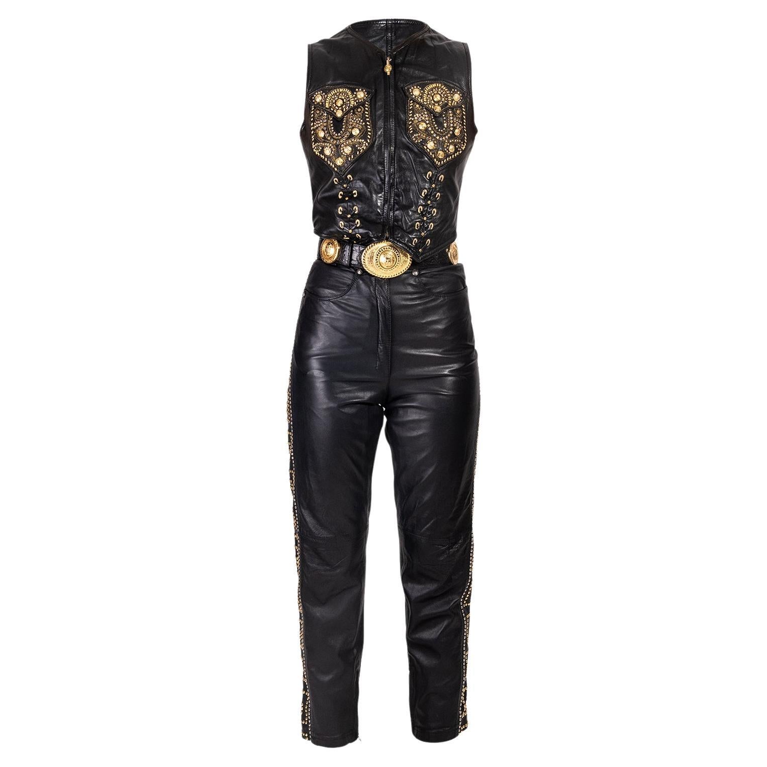 A/W 1992 Gianni Versace Leather Vest, Pant and Belt Set with Gold Stud Details