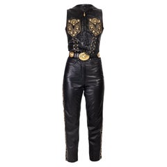 A/W 1992 Gianni Versace Leather Vest, Pant and Belt Set with Gold Stud Details