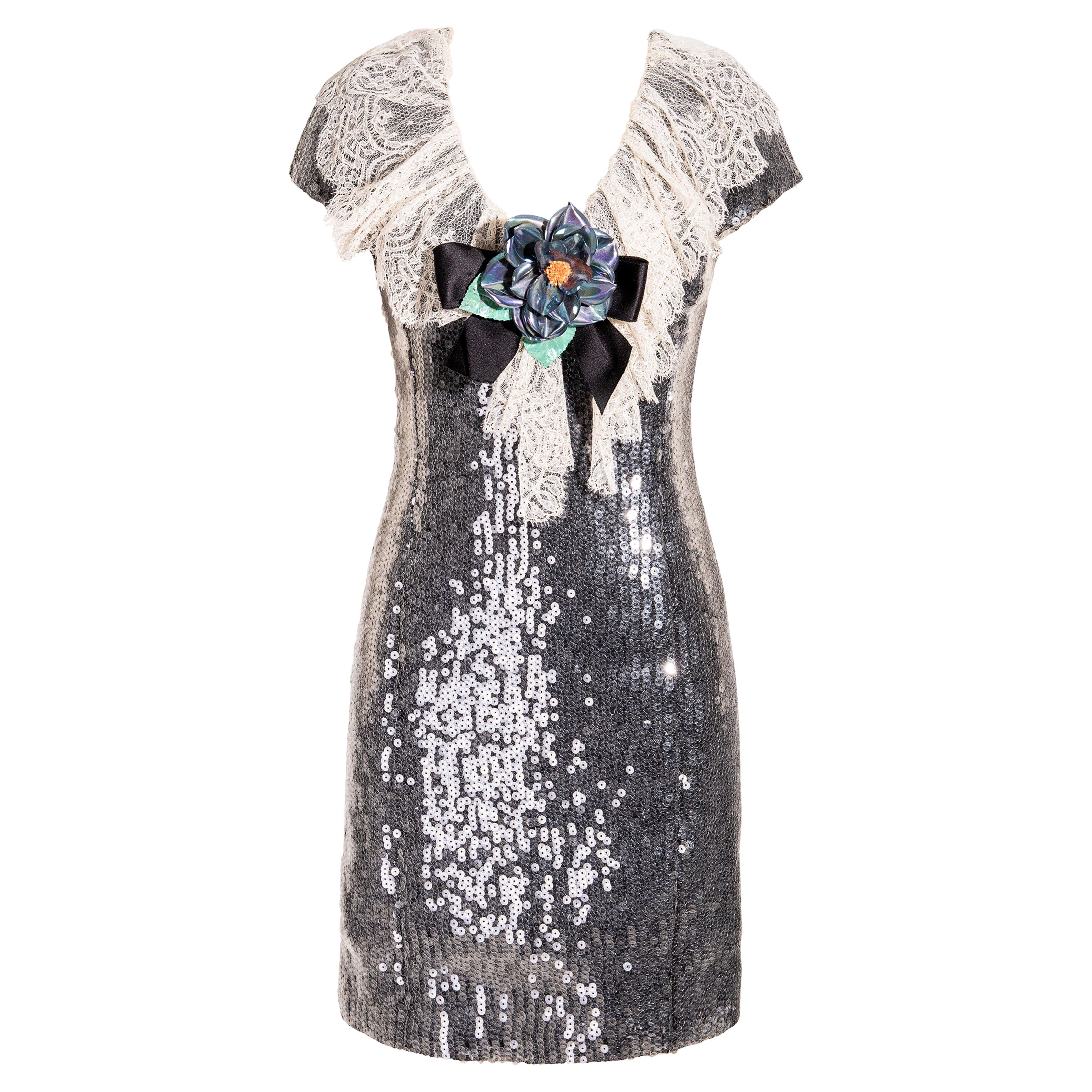 A/W 1994 Chanel Sequin Dress with Iridescent Camellia Brooch