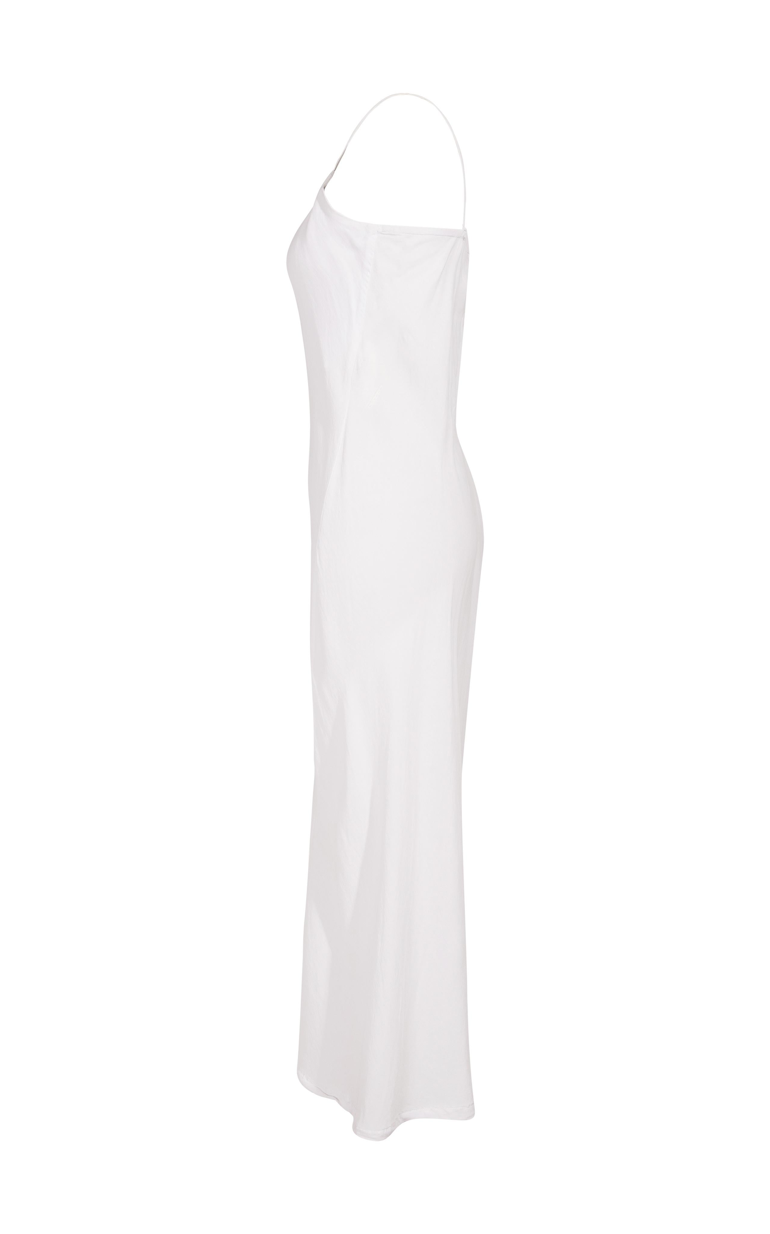 A/W 1994 Comme des Garcons white spaghetti strap maxi dress. Features slightly asymmetrical seam from hip to hem. Fabric feels like light cotton blend. 