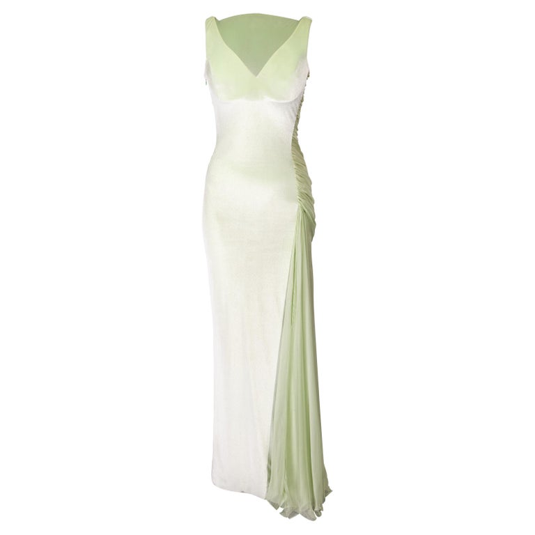 green versace silk chiffon dress A/W 1995 Gianni Versace Green Silk Chiffon and Velvet Gown at 1stDibs