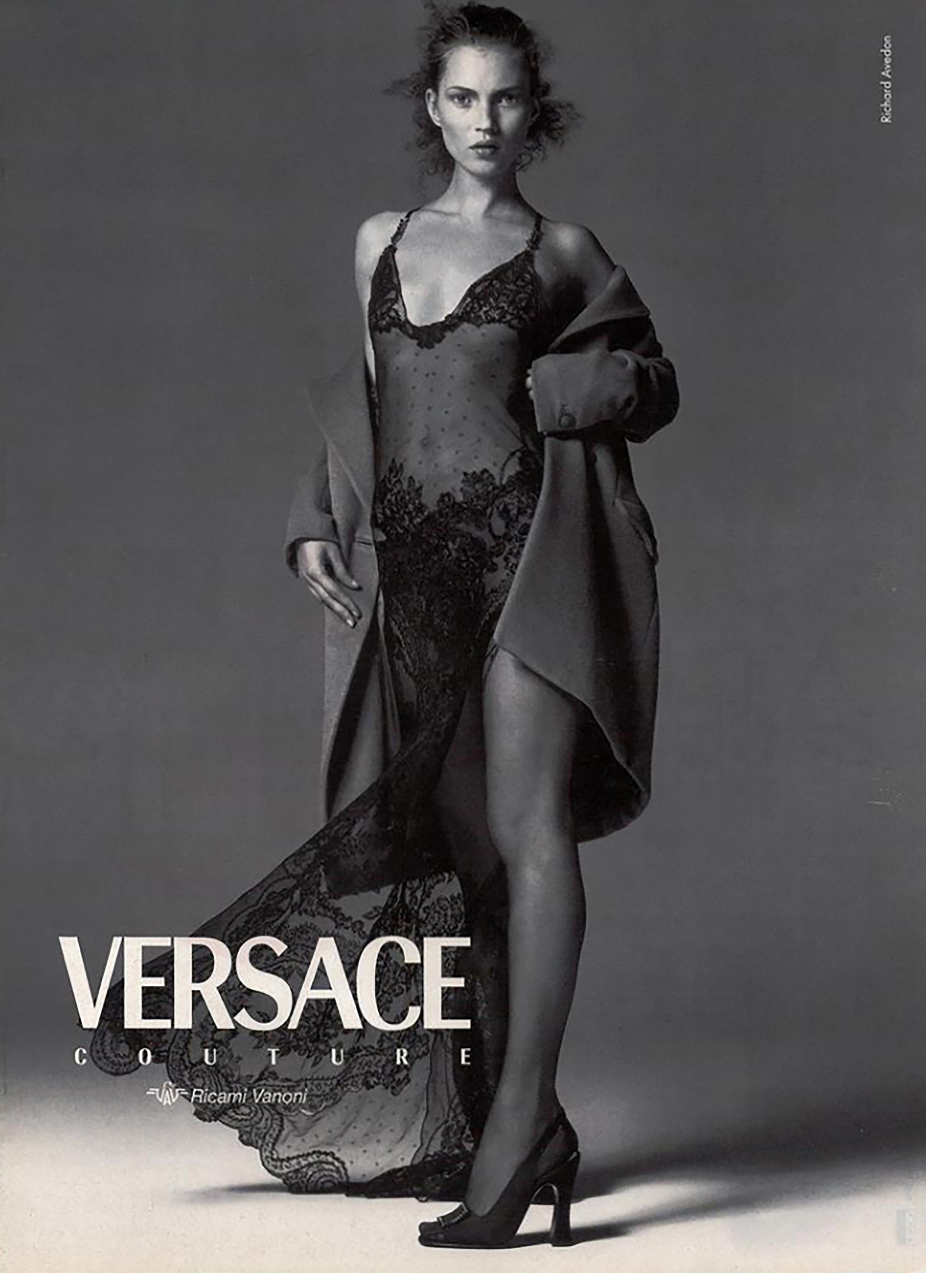A/W 1996 Gianni Versace Black Oroton Chainmail and Lace Gown 9
