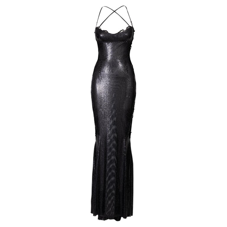 A/W 1996 Gianni Versace Black Oroton Chainmail and Lace Gown at 1stDibs