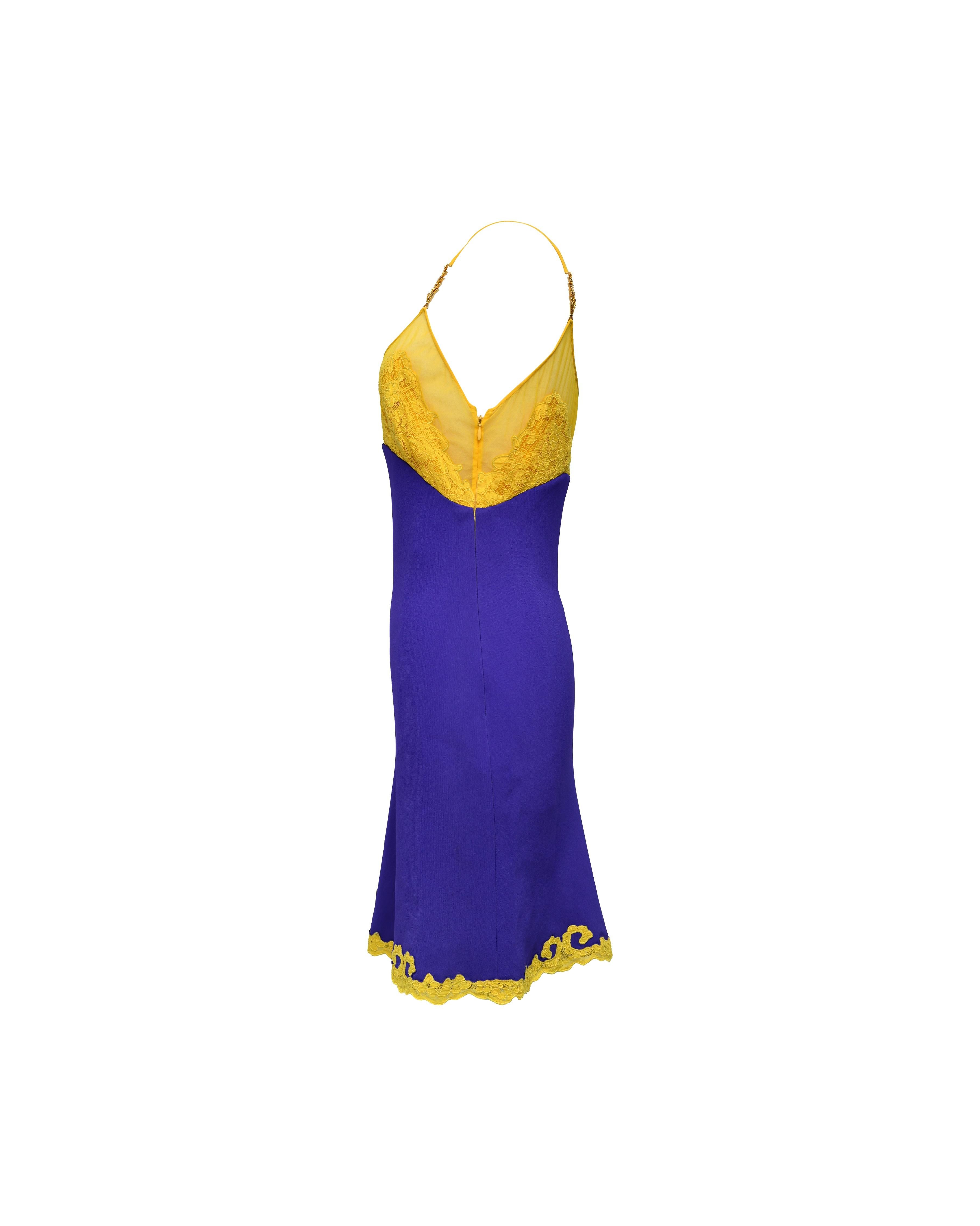 Women's A/W 1996 Gianni Versace Purple and Yellow Lace Mini Dress