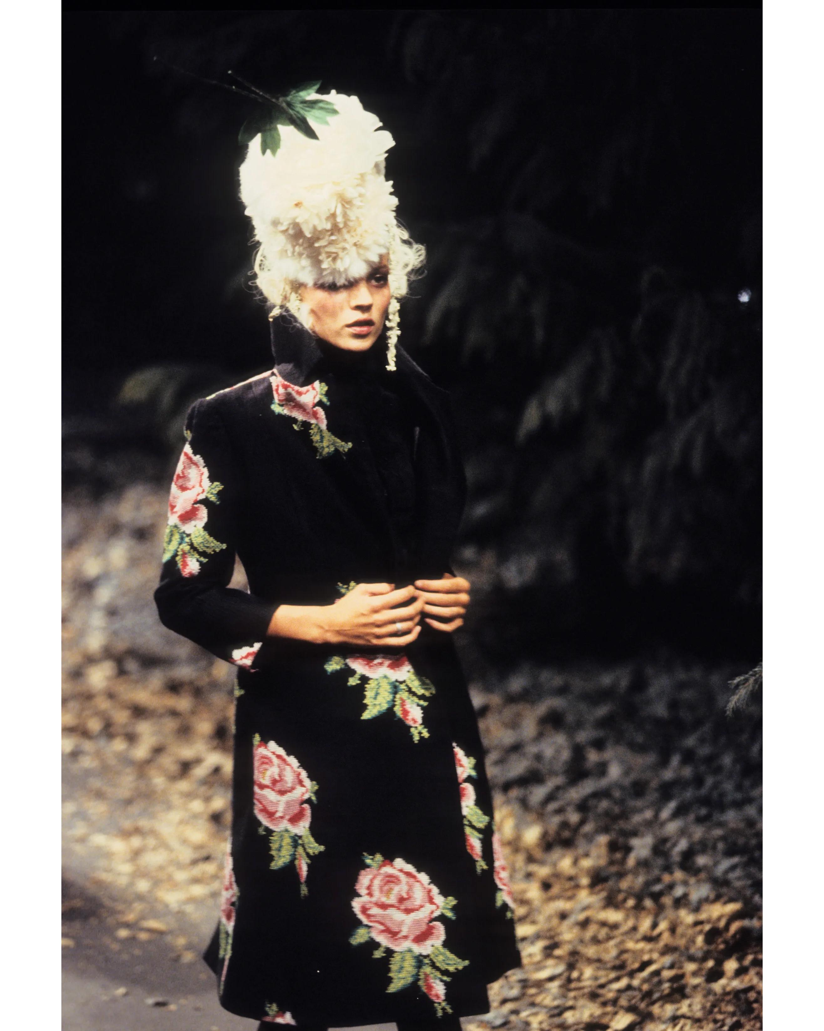 A/W 1996 Givenchy Haute Couture by John Galliano black embroidered rose print coat from the 