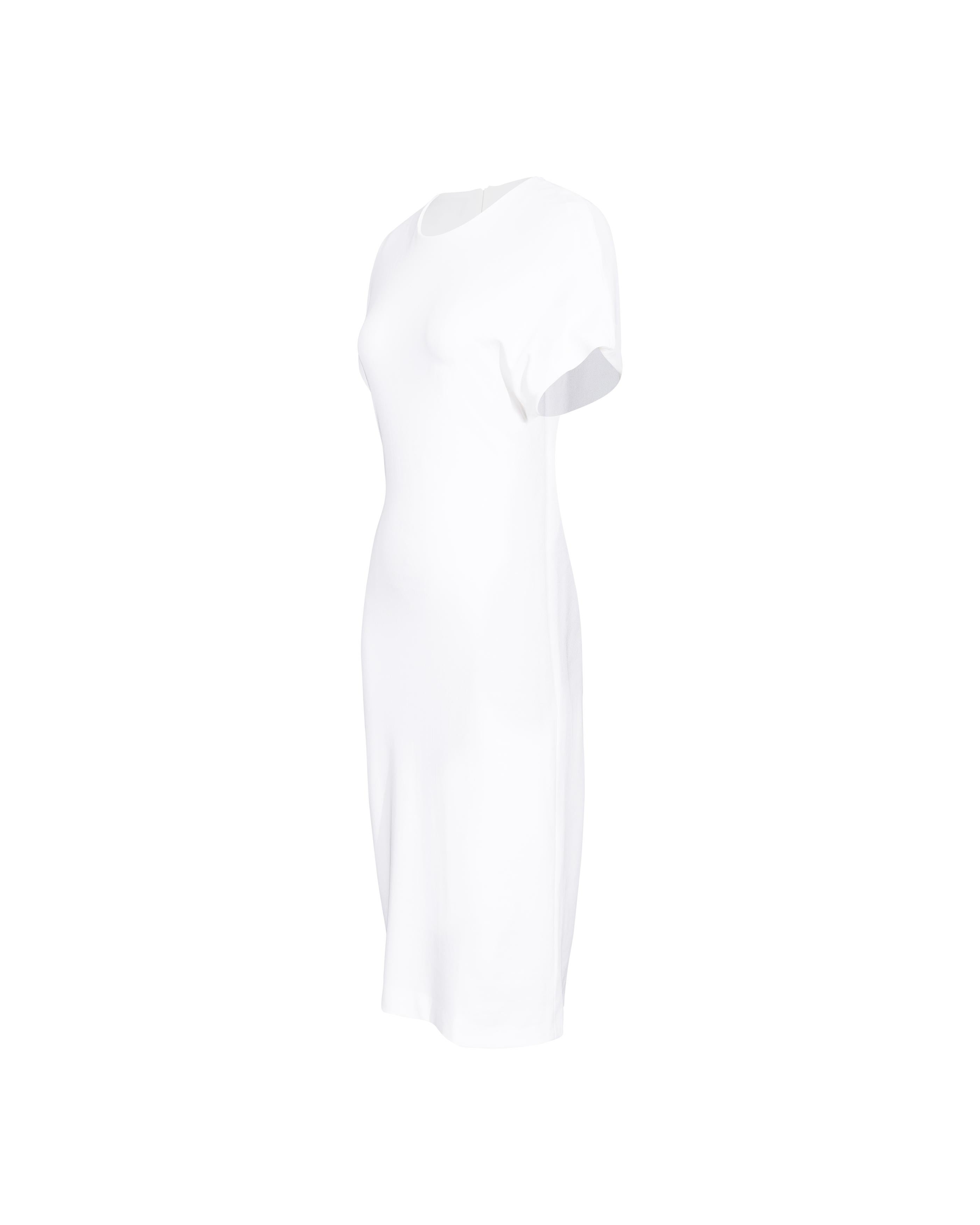 A/W 1996 Gucci by Tom Ford white cap sleeve knee-length jersey dress. Concealed back zip closure, with stamped 'Gucci' white zipper. Moderate stretch throughout. Gown versions featured on runway. A rare piece that is highly wearable and is