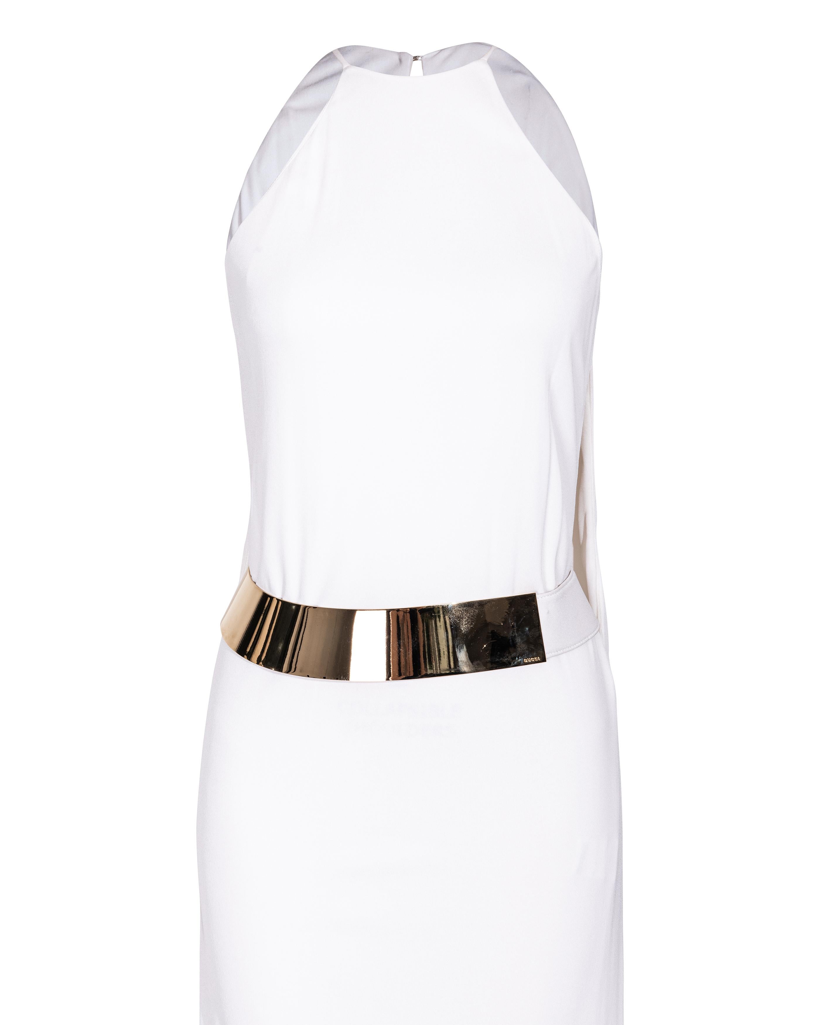 A/W 1996 Gucci by Tom Ford White Gown with Curved Gold Belt 4