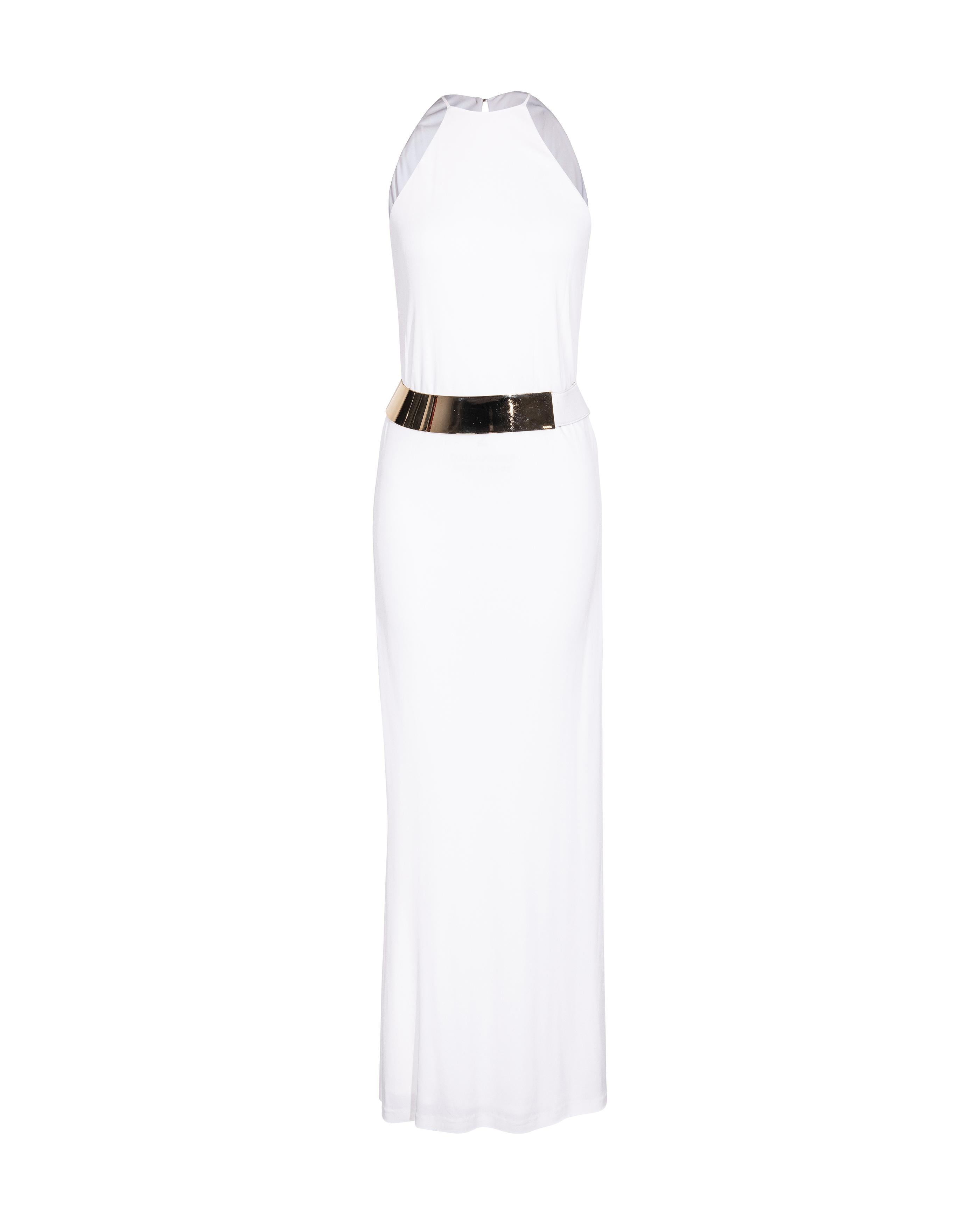 A/W 1996 Gucci by Tom Ford White Gown with Curved Gold Belt 5