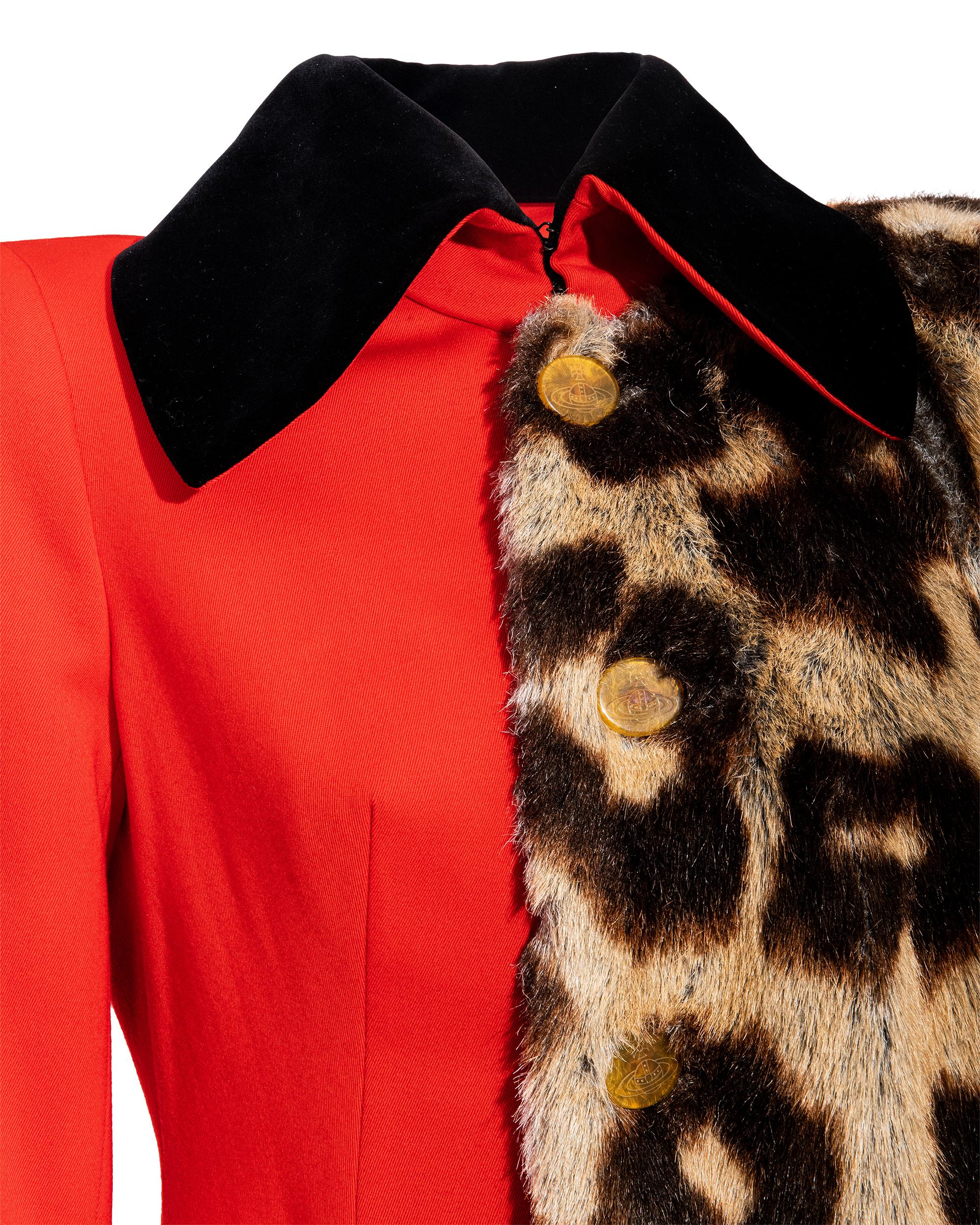 A/W 1996 Vivienne Westwood Red and Leopard Print Contrast Coat For Sale 6