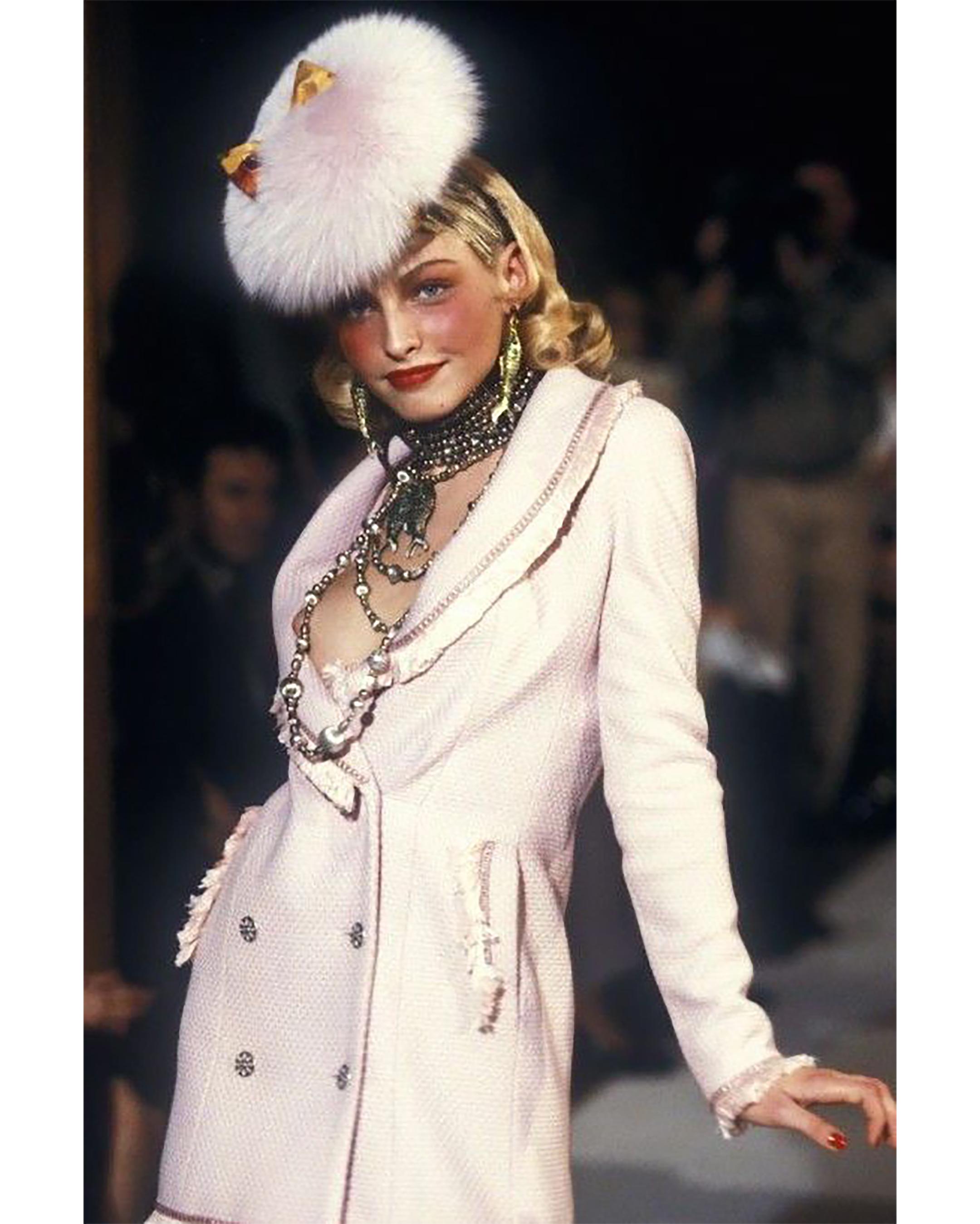A/W 1997 Christian Dior by John Galliano pink boucle double-breasted mini blazer dress. Baby pink jacket with pale pink fringe trim and silver tone floral buttons. Can be styled as dress or blazer depending on desired effect. As seen on the runway