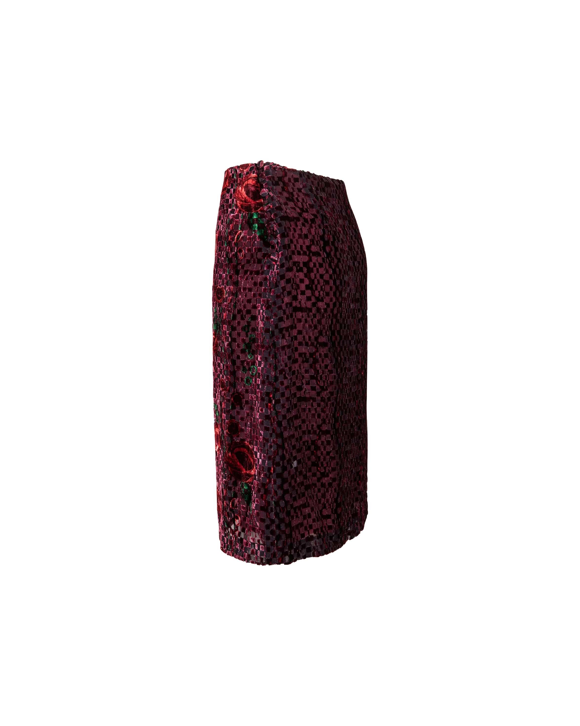 A/W 1998 Chloe by Stella McCartney rose and checkerboard print velvet burnout skirt. Mini skirt with silk lining. 1930's inspired fabric button closures on both sides. Overall geometric checker pattern with deconstructed, pixelated feeling