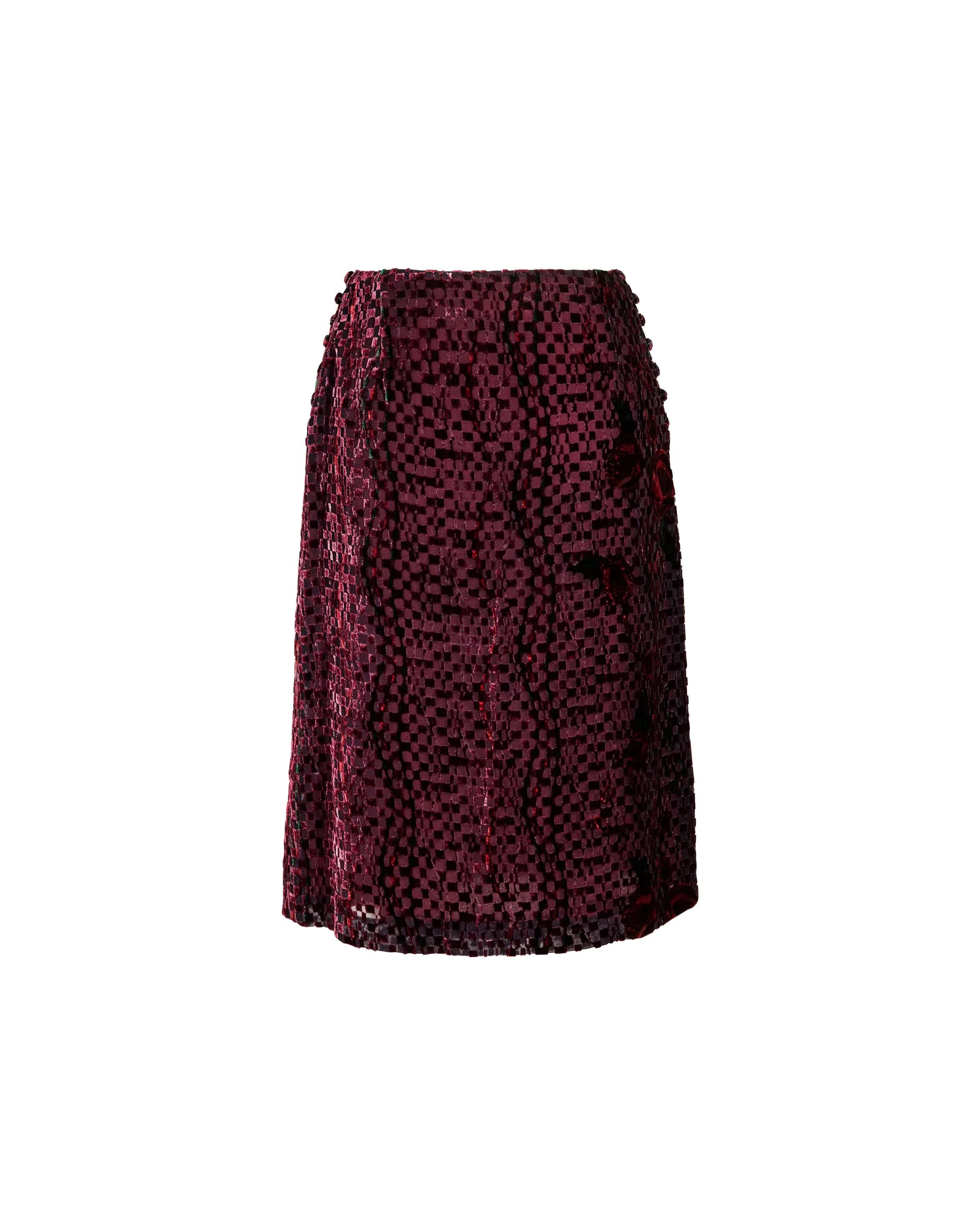 Black A/W 1998 Chloe Rose and Checkerboard Print Velvet Burnout Skirt