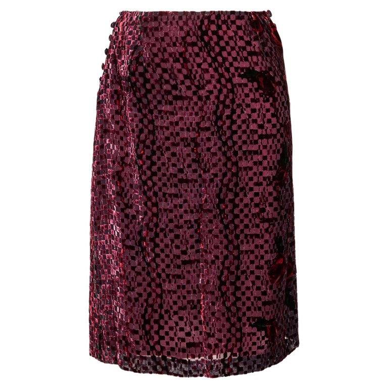 A/W 1998 Chloe Rose and Checkerboard Print Velvet Burnout Skirt For ...