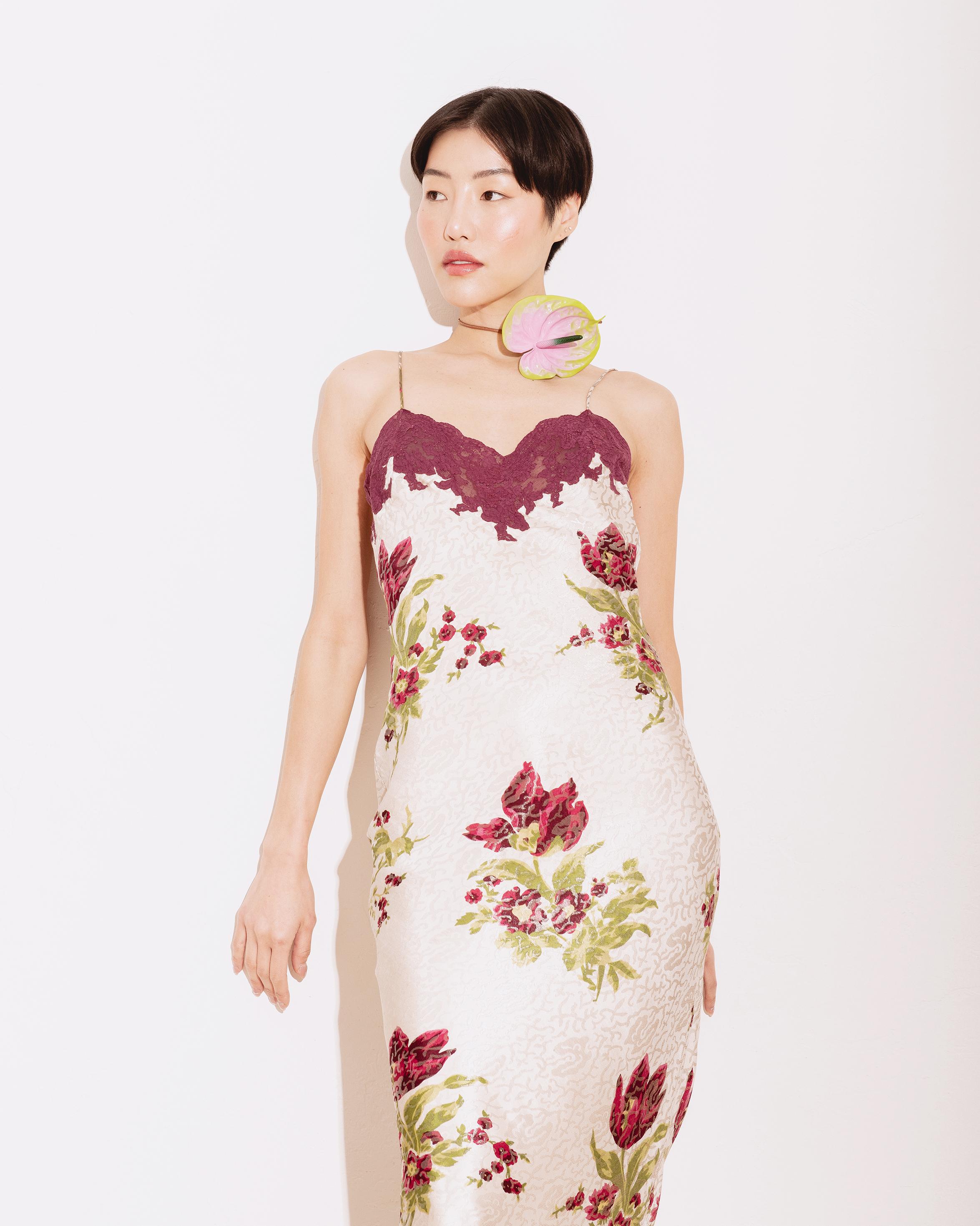 A/W 1998 Christian Dior White Floral Print Lace and Silk Slip Gown 6