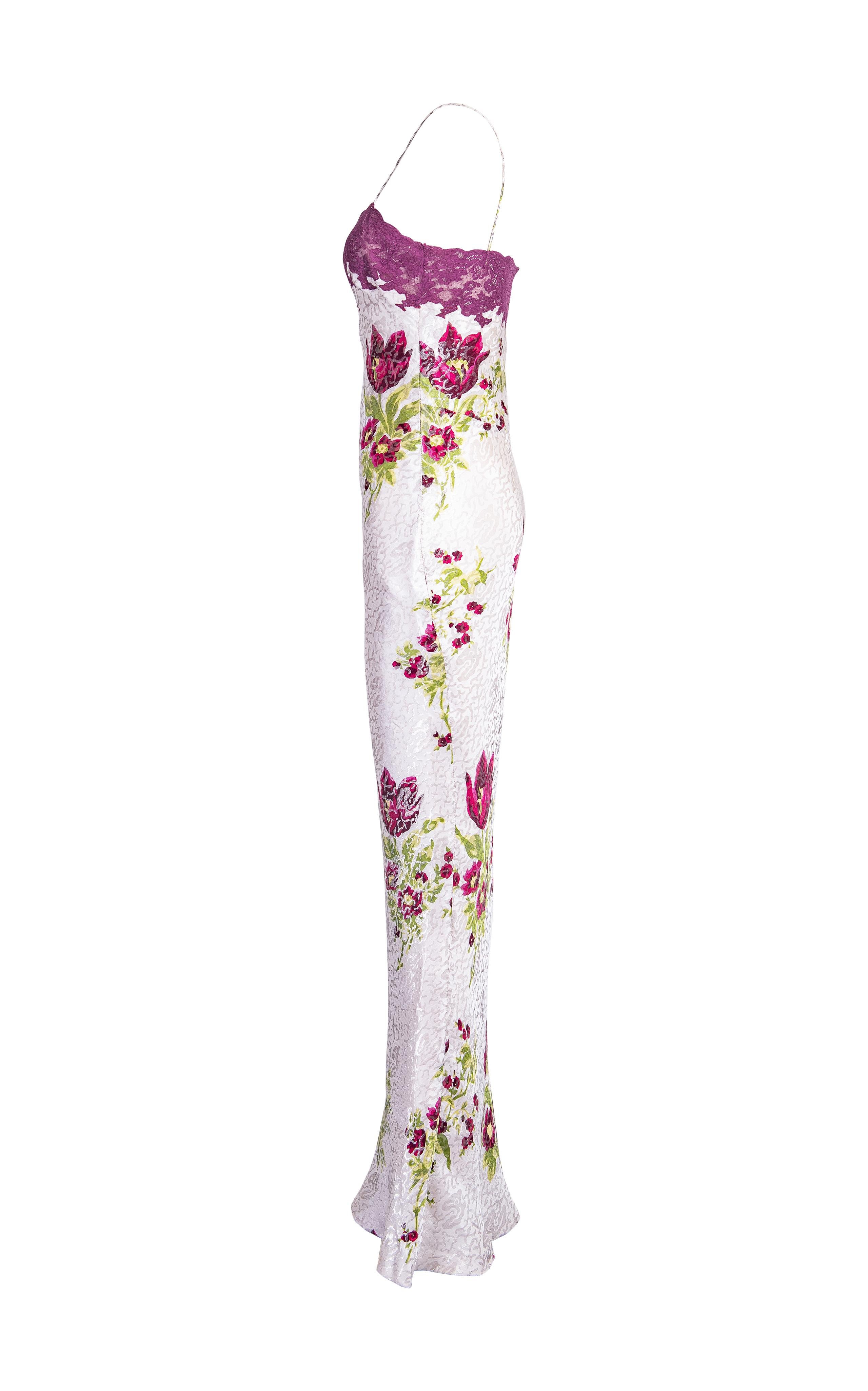 A/W 1998 Christian Dior White Floral Print Lace and Silk Slip Gown In Excellent Condition In North Hollywood, CA