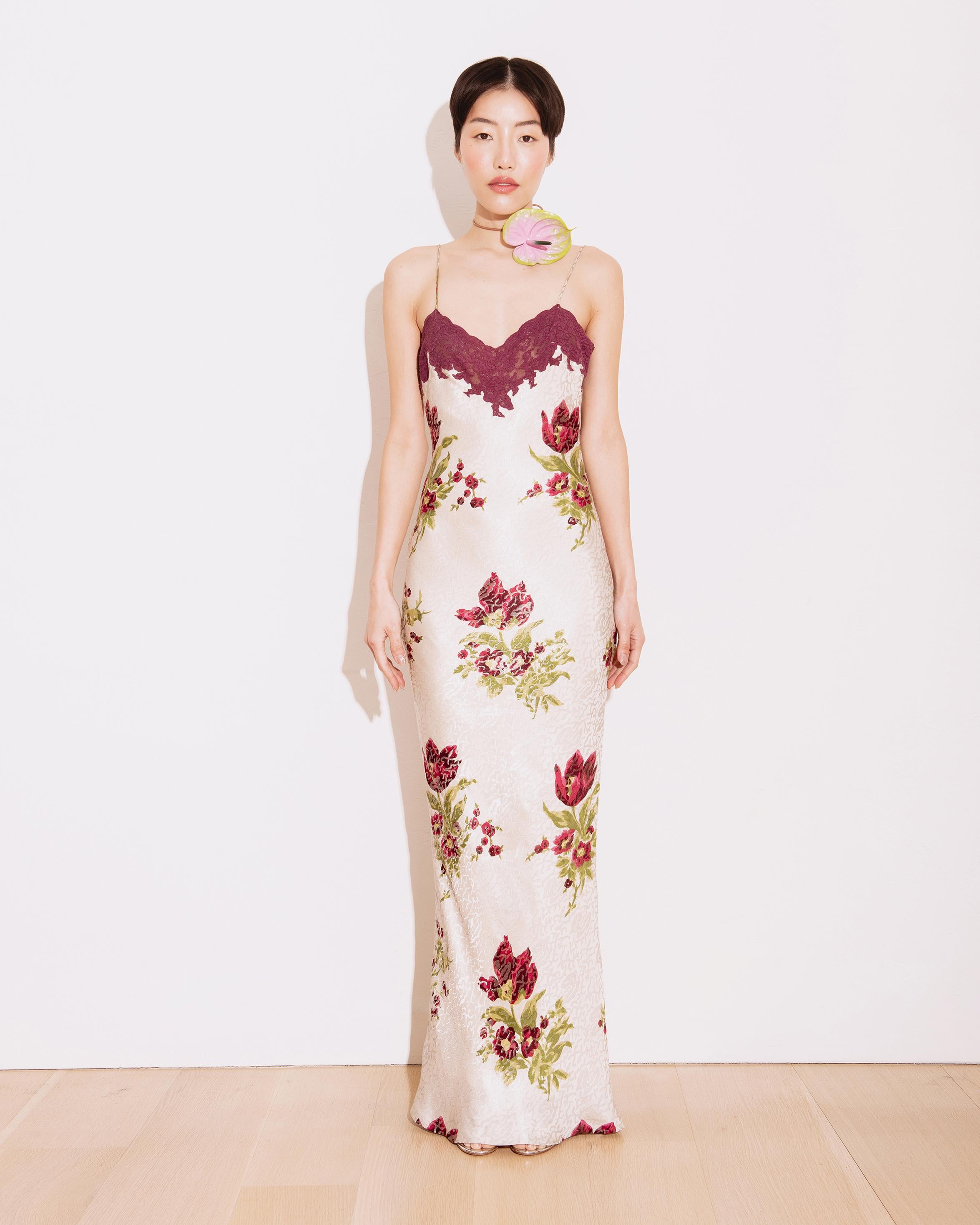 A/W 1998 Christian Dior White Floral Print Lace and Silk Slip Gown 3