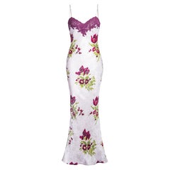  A/W 1998 Christian Dior White Floral Print Lace and Silk Slip Gown