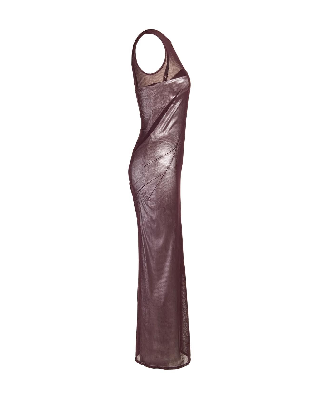 A/W 1998 Dolce & Gabbana midi dress with purple mesh net fabric layered over metallic silver bodycon dress. Silver layer has subtle jacquard pattern throughout. Built-in bra creates structured bust. 