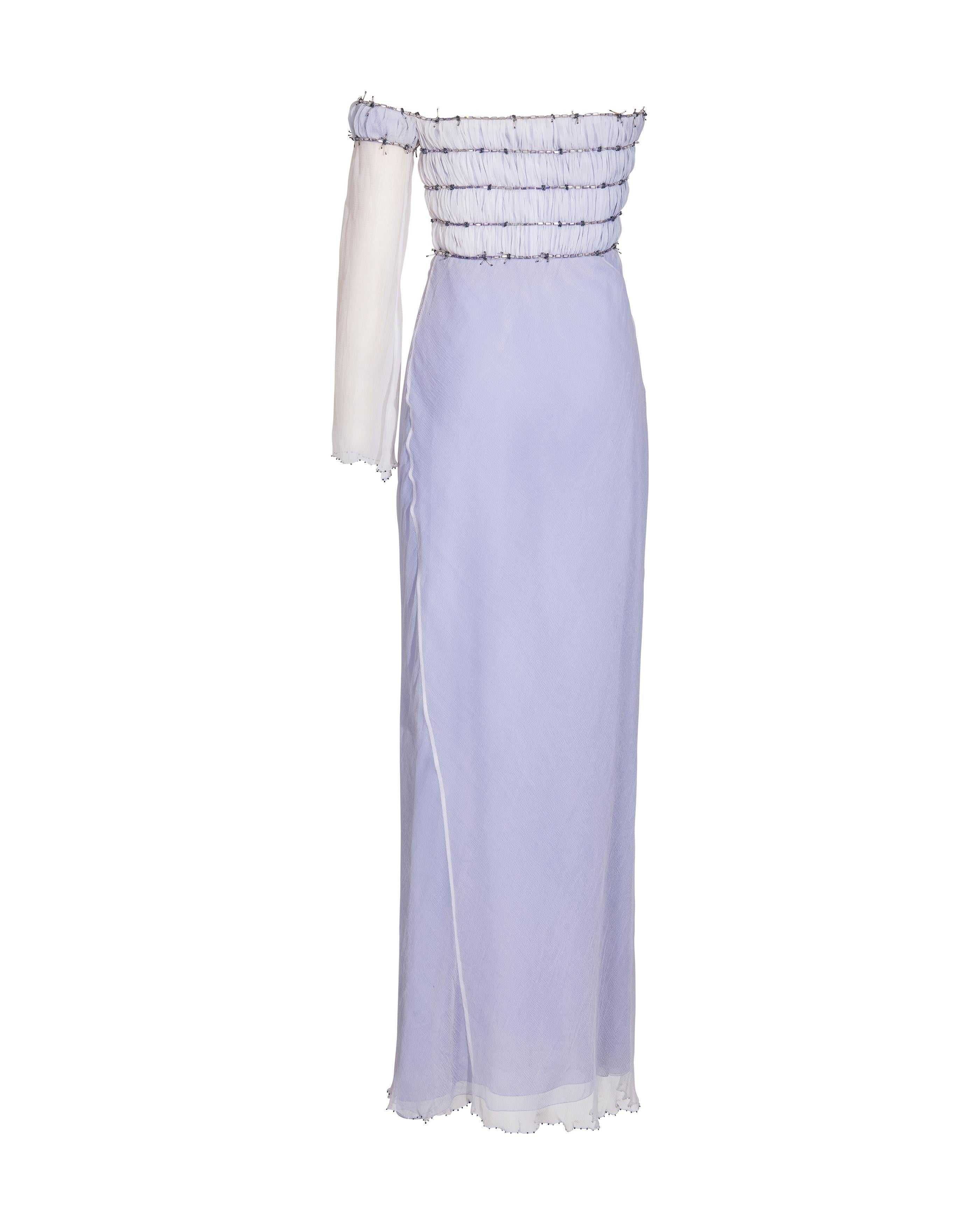 A/W 1998 Gianni Versace Lilac Strapless One-Shoulder 'Barbed Wire' Gown 2