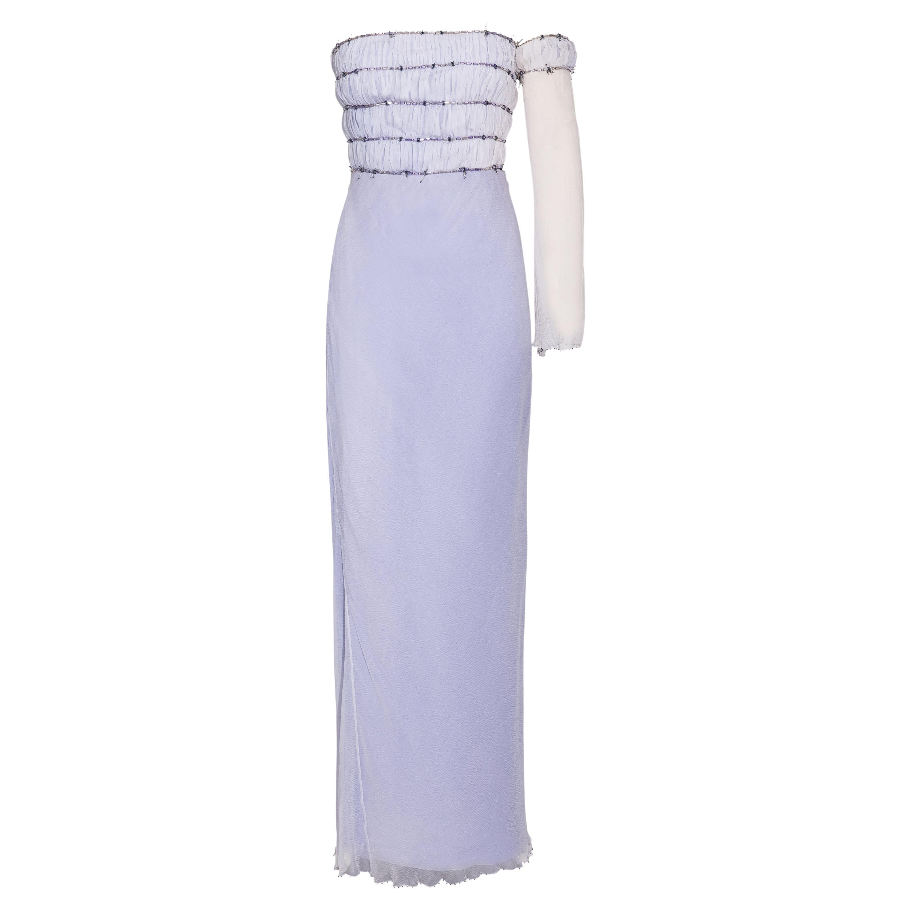 A/W 1998 Gianni Versace Lilac Strapless One-Shoulder 'Barbed Wire' Gown