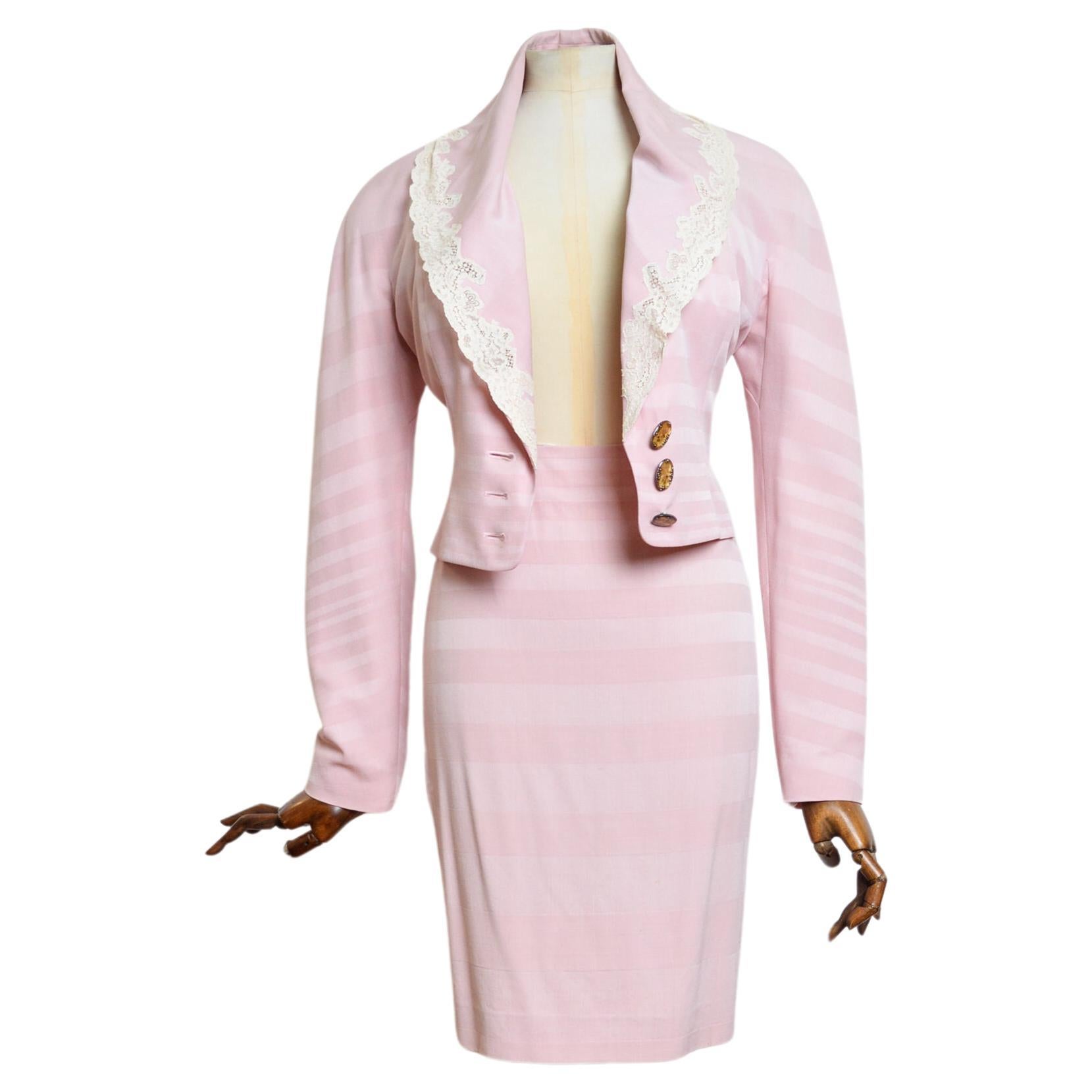 A/W 1999 Christian Dior by John Galliano Pink Lace Jacket & Pencil Skirt set For Sale