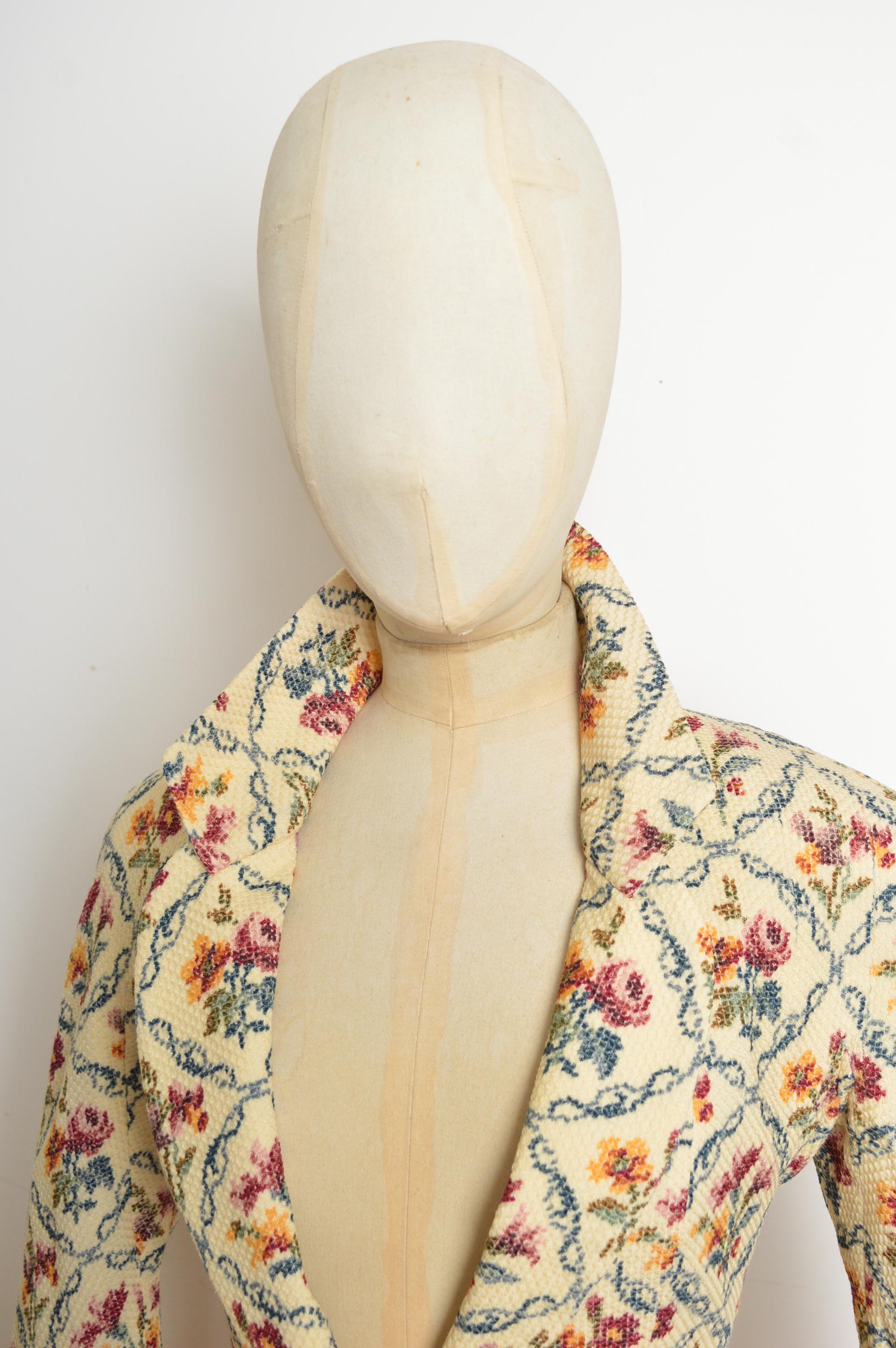 Beige A/W 1999 Christian Dior John Galliano Floral Cross stitch Tapestry Blazer Jacket For Sale