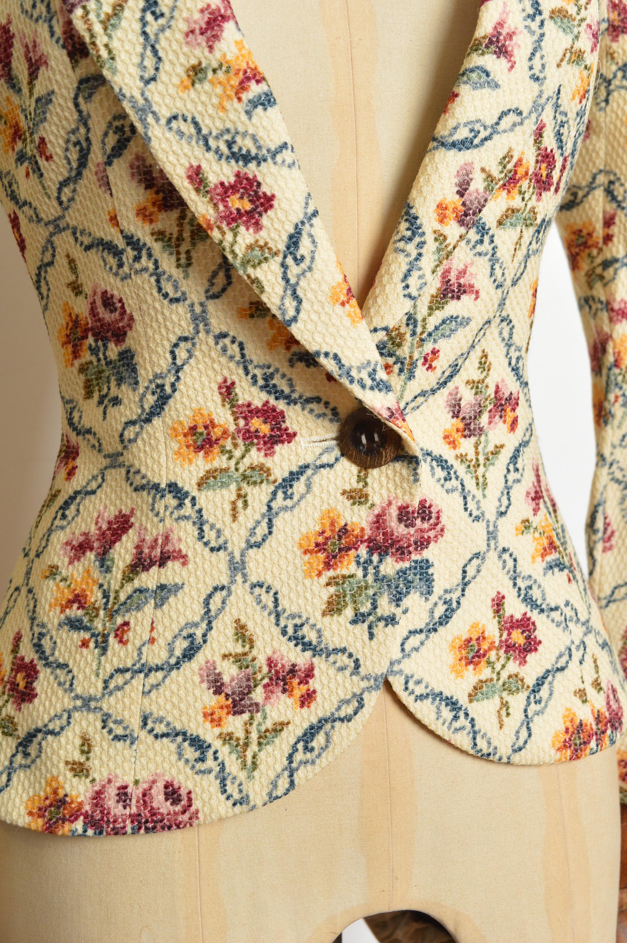 A/W 1999 Christian Dior John Galliano Floral Cross stitch Tapestry Blazer Jacket In Excellent Condition For Sale In Sheffield, GB