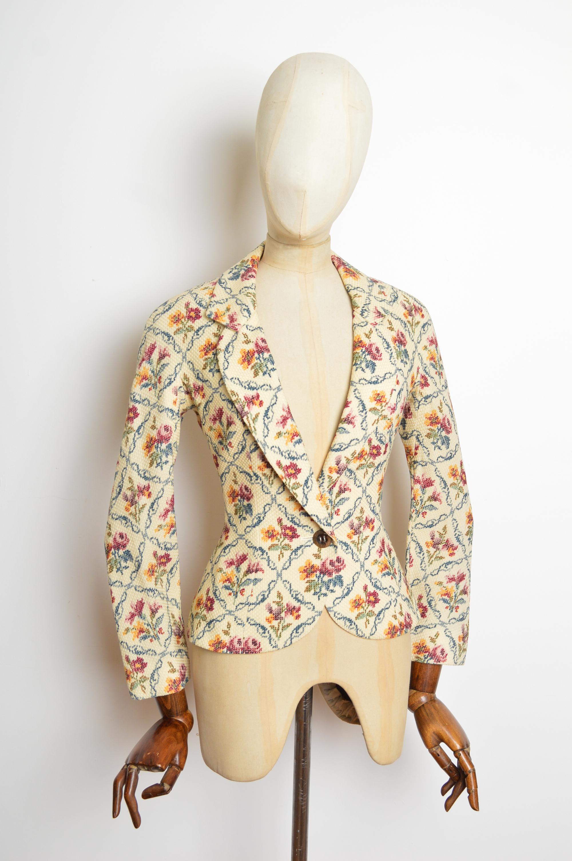 A/W 1999 Christian Dior John Galliano Floral Cross stitch Tapestry Blazer Jacket For Sale 2