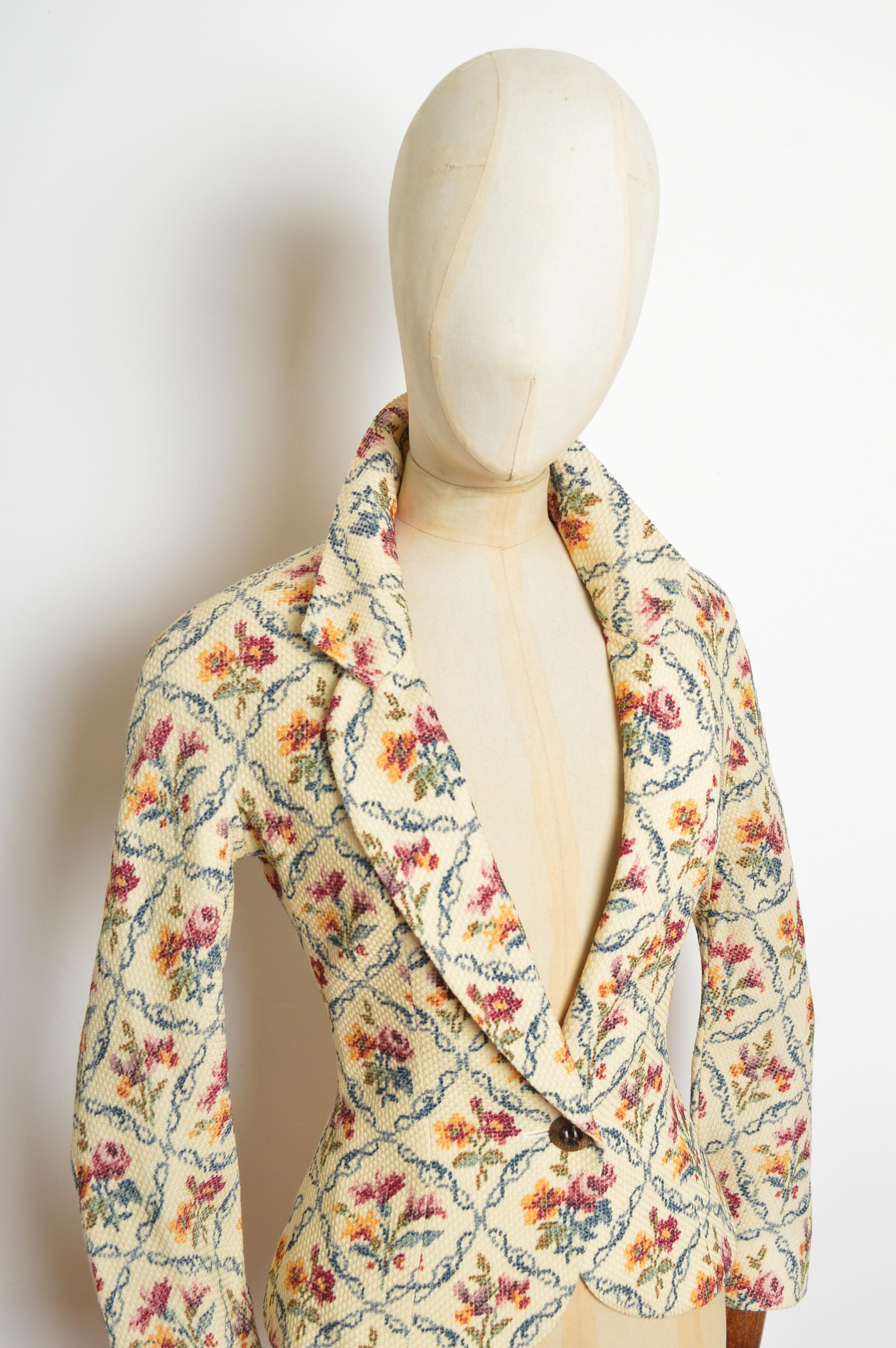 A/W 1999 Christian Dior John Galliano Floral Cross stitch Tapestry Blazer Jacket For Sale 3