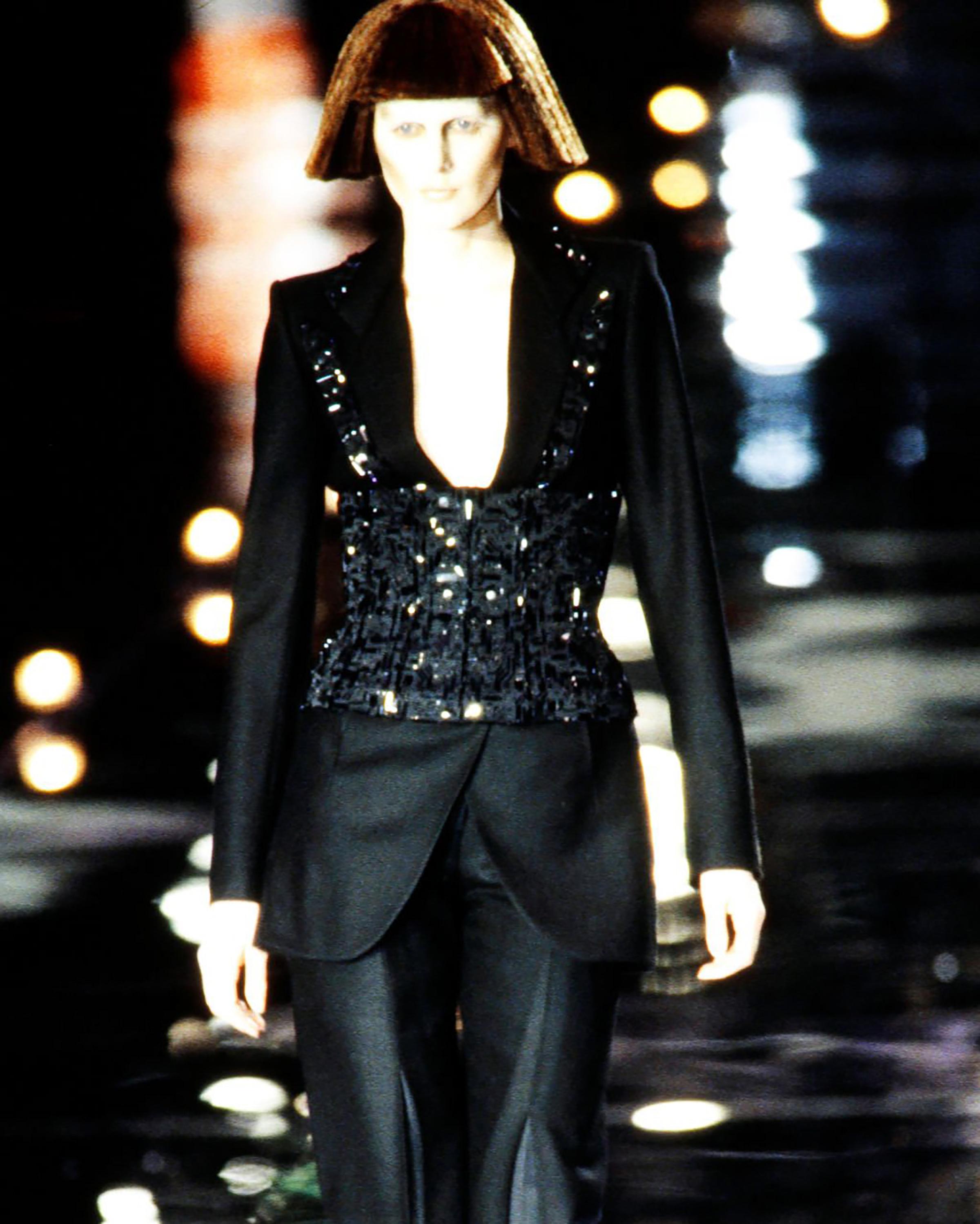 A/W 1999 Givenchy by Alexander McQueen circuit board motif black embellished waist corset / belt. Geometric silver-white beading and paillettes creates illusion of cybernetic computer circuit board. Features built-in semi-flexible boning and back