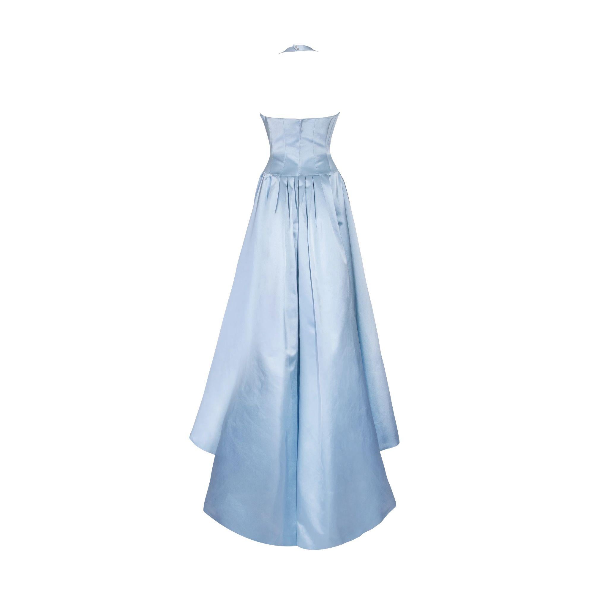 A/W 1999 Thierry Mugler Light Blue Silk Satin Halter Gown In Good Condition In North Hollywood, CA