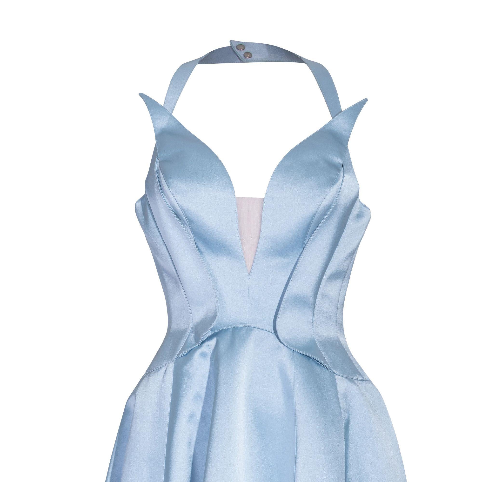 A/W 1999 Thierry Mugler Light Blue Silk Satin Halter Gown 2