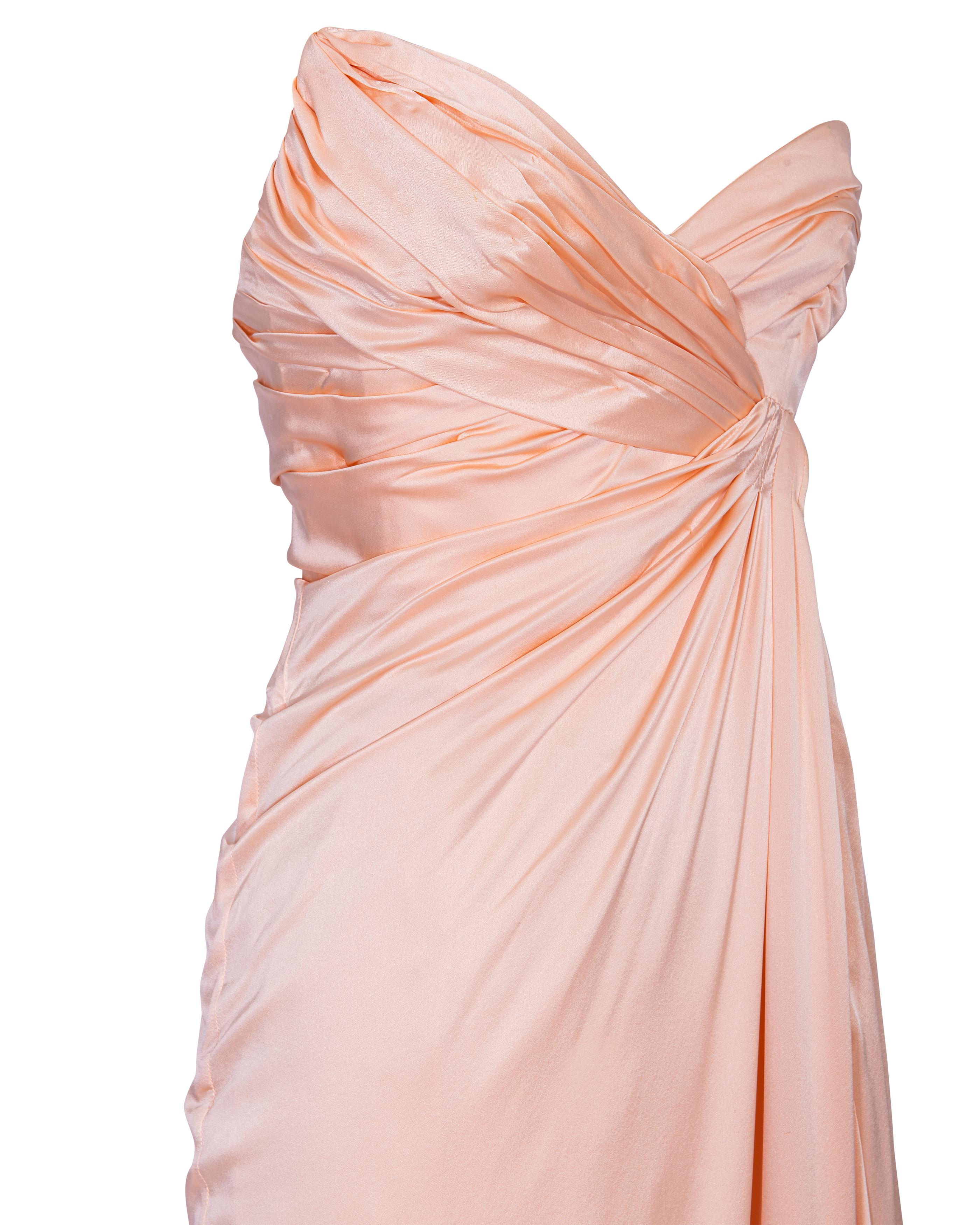 A/W 1999 Thierry Mugler Peach Asymmetrical Strapless Drape Gown 6