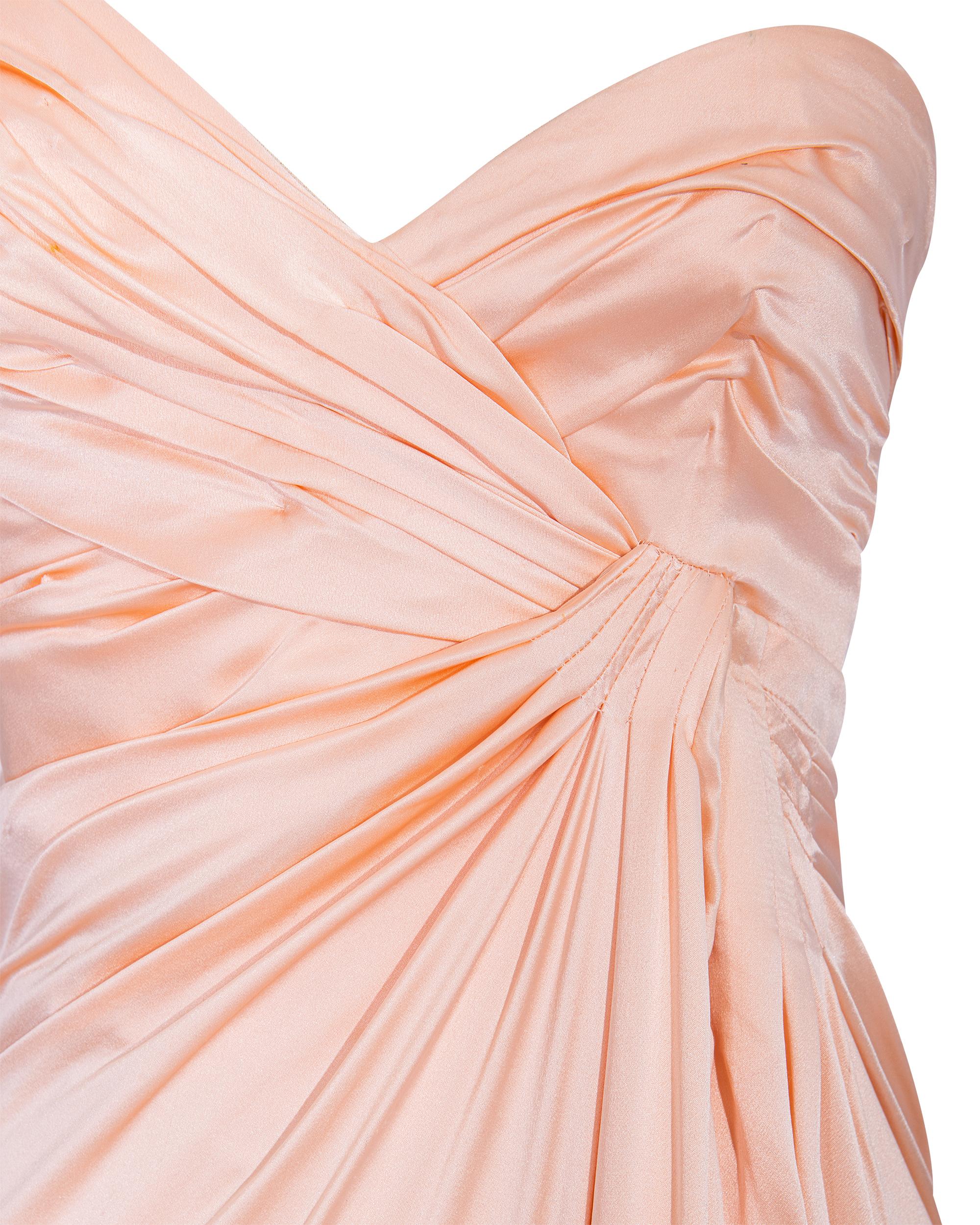 A/W 1999 Thierry Mugler Peach Asymmetrical Strapless Drape Gown 3