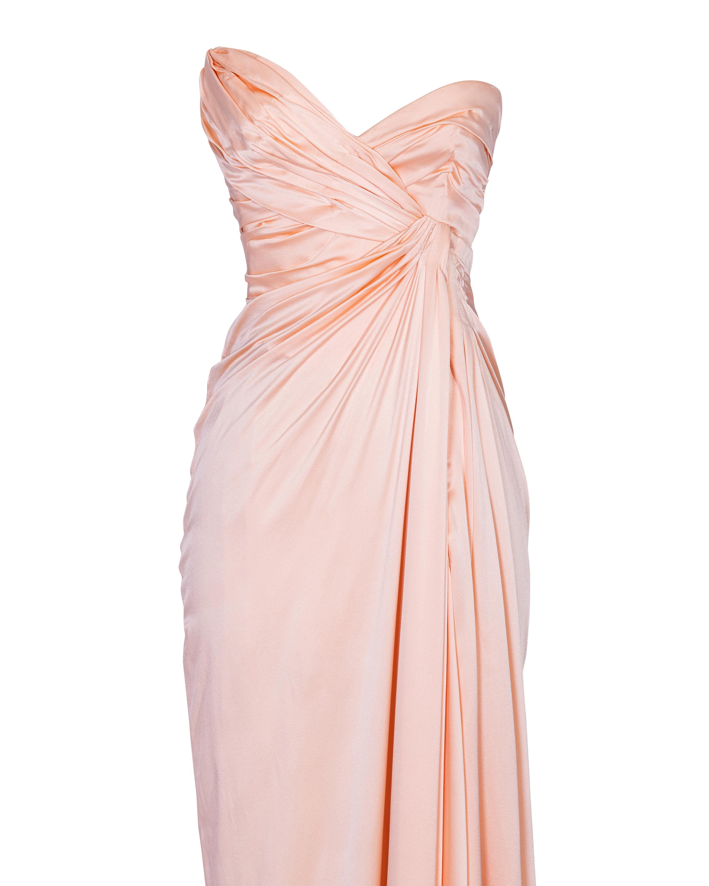 A/W 1999 Thierry Mugler Peach Asymmetrical Strapless Drape Gown 5