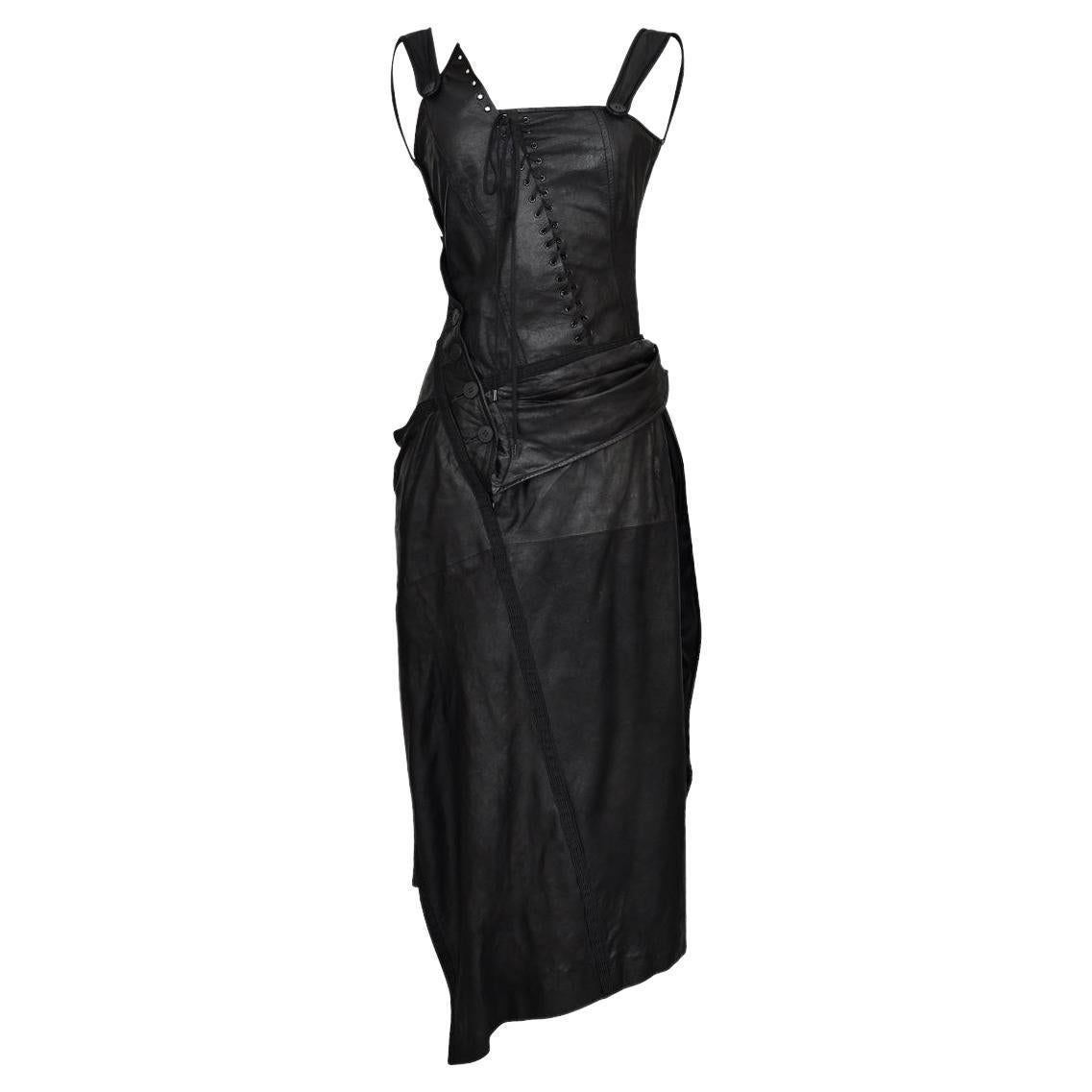 A/W 2000 Christian Dior Black Asymmetrical Leather Bondage Midi Dress