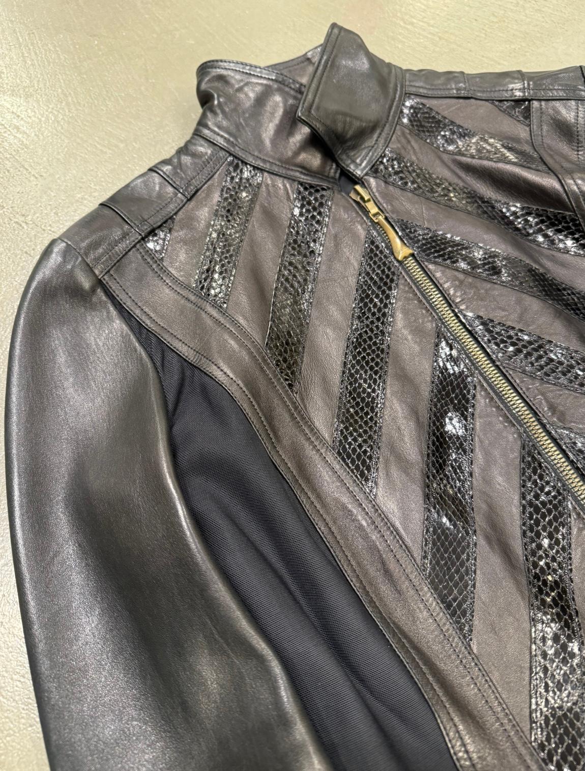 Women's A/W 2000 Roberto Cavalli biker leather jacket with flared sleeves and python det For Sale