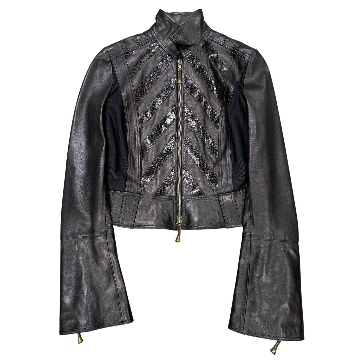 A/W 2000 Roberto Cavalli biker leather jacket with flared sleeves and python det For Sale