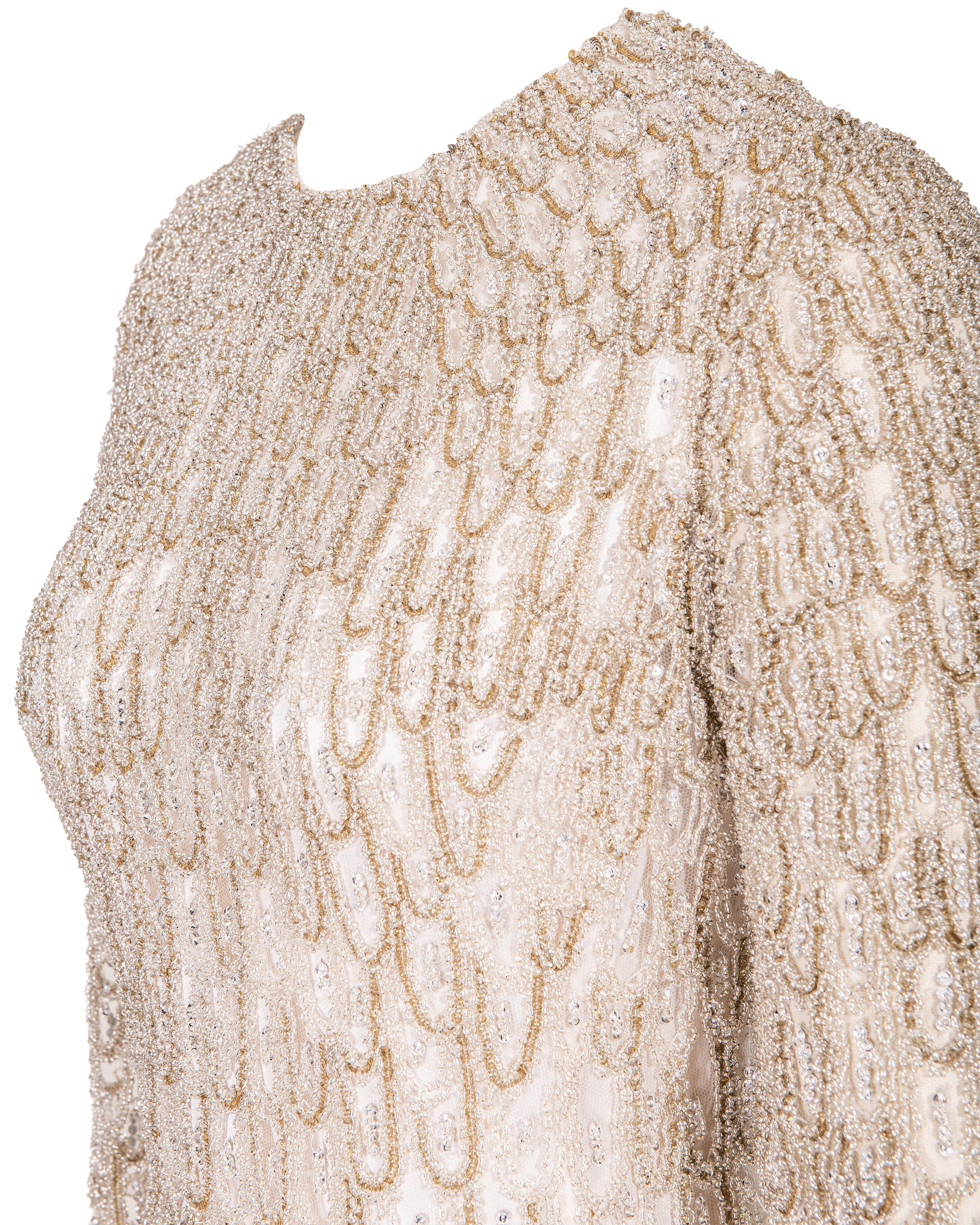 A/W 2001 Atelier Versace Ecru Heavily Embellished Long Sleeve Semi-Sheer Gown 6