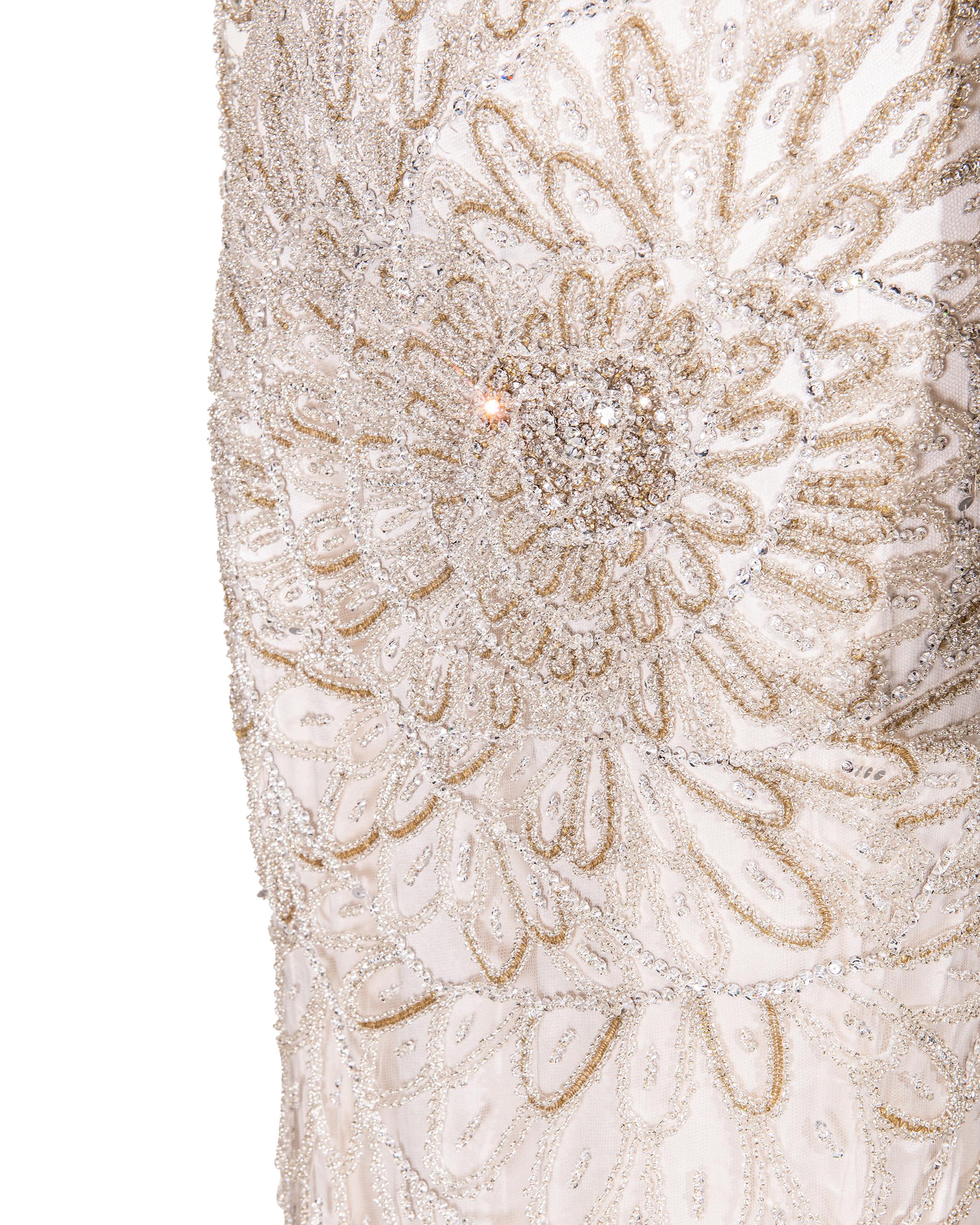 A/W 2001 Atelier Versace Ecru Heavily Embellished Long Sleeve Semi-Sheer Gown 8