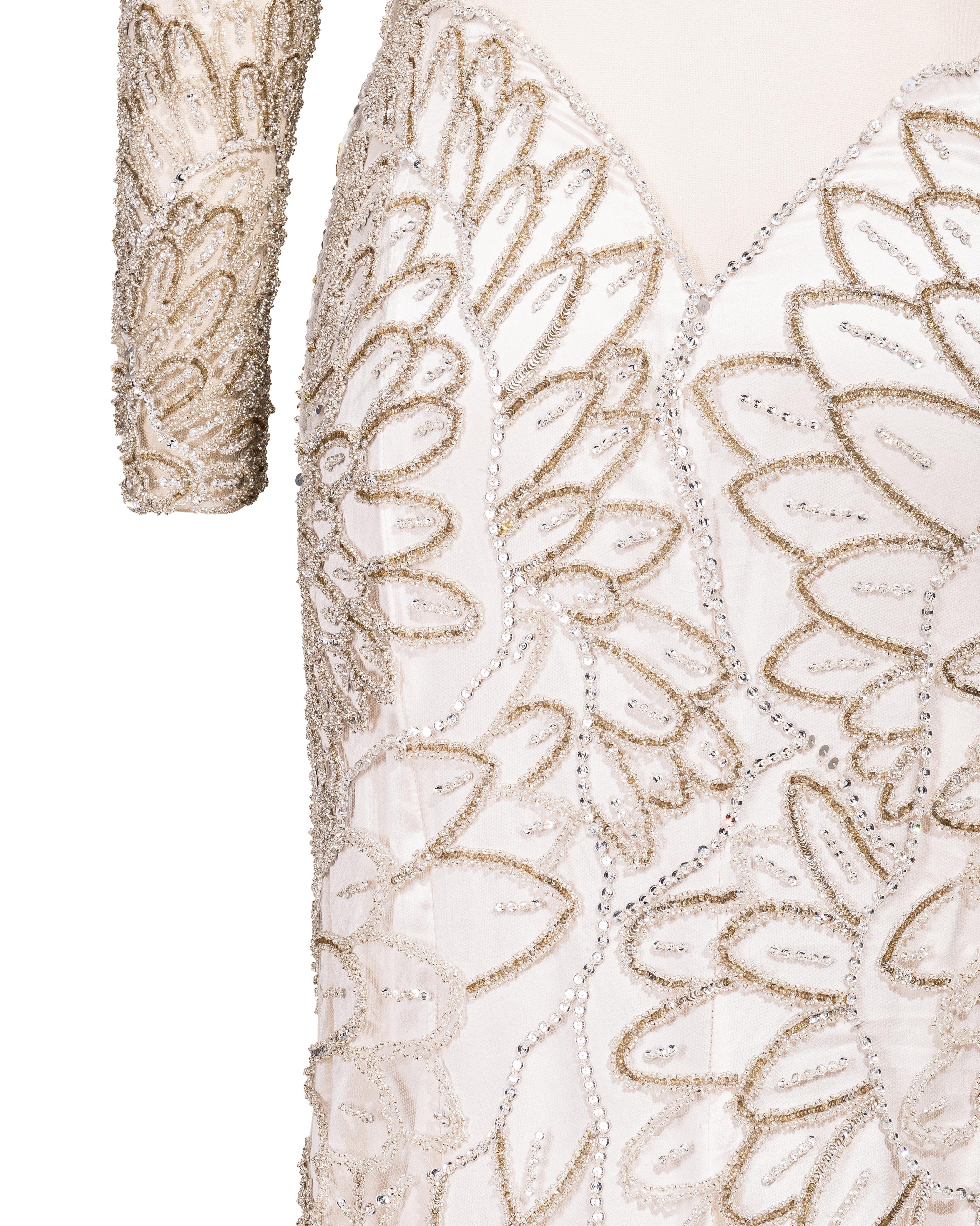 A/W 2001 Atelier Versace Ecru Heavily Embellished Long Sleeve Semi-Sheer Gown 9