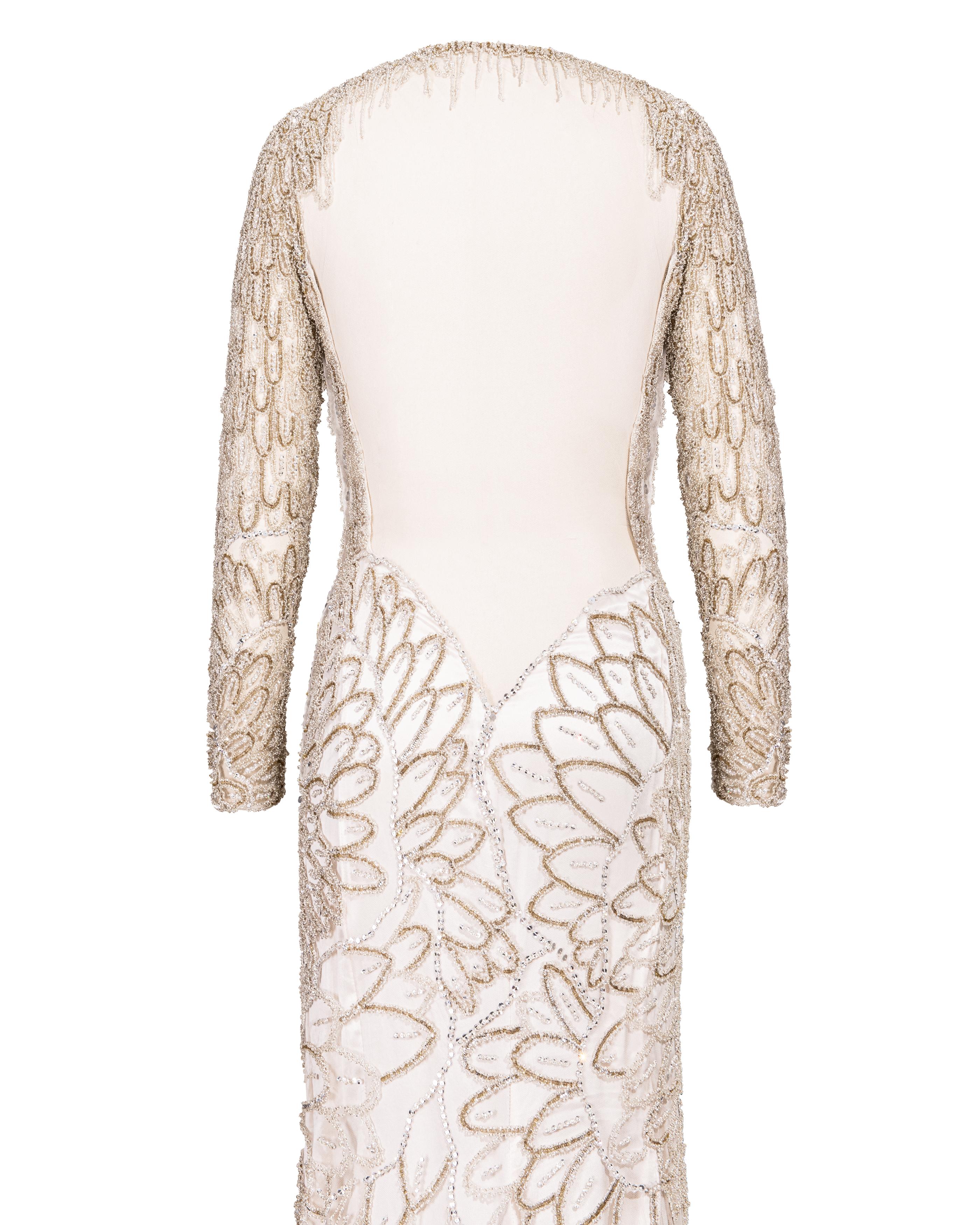 A/W 2001 Atelier Versace Ecru Heavily Embellished Long Sleeve Semi-Sheer Gown 10
