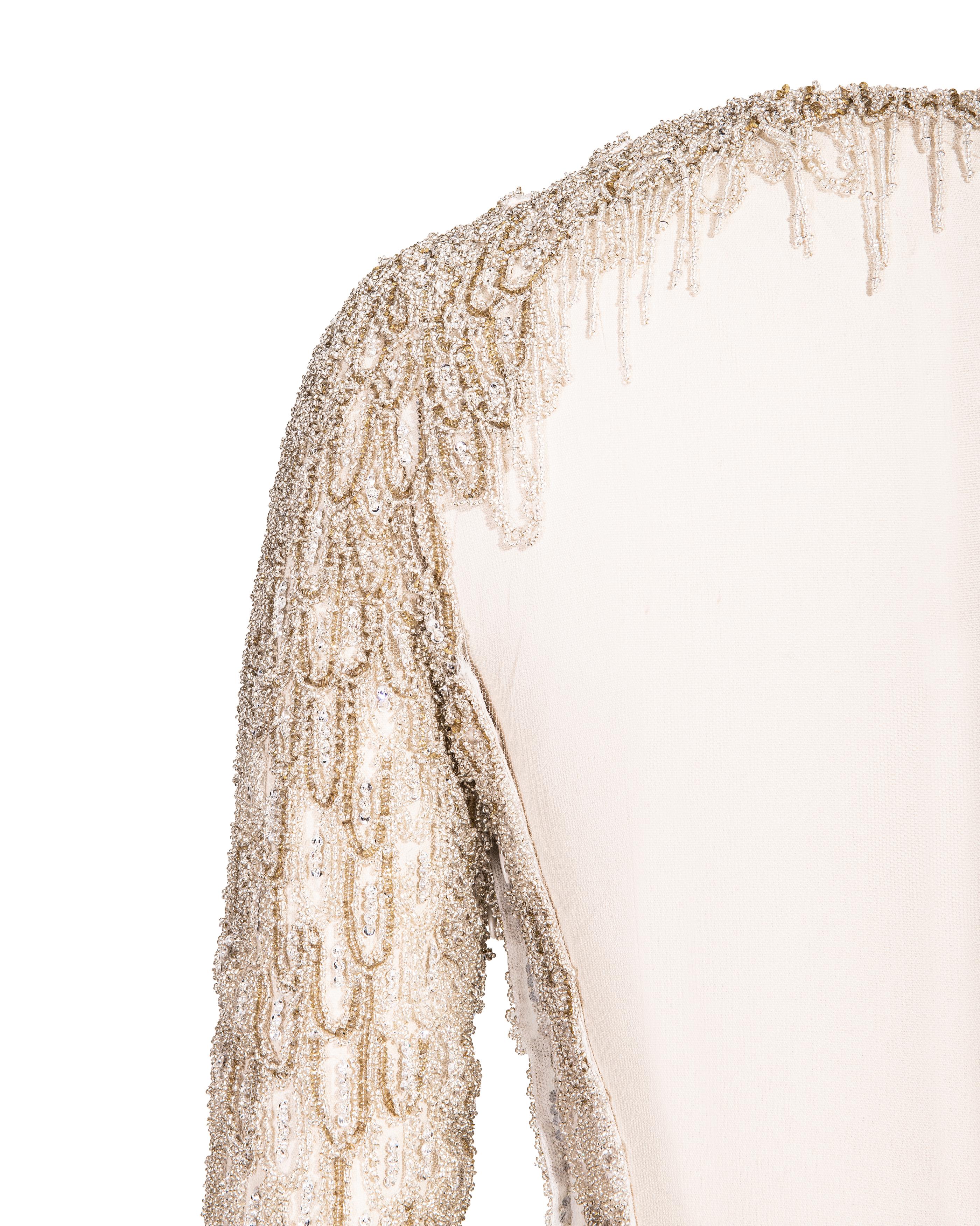 A/W 2001 Atelier Versace Ecru Heavily Embellished Long Sleeve Semi-Sheer Gown 11